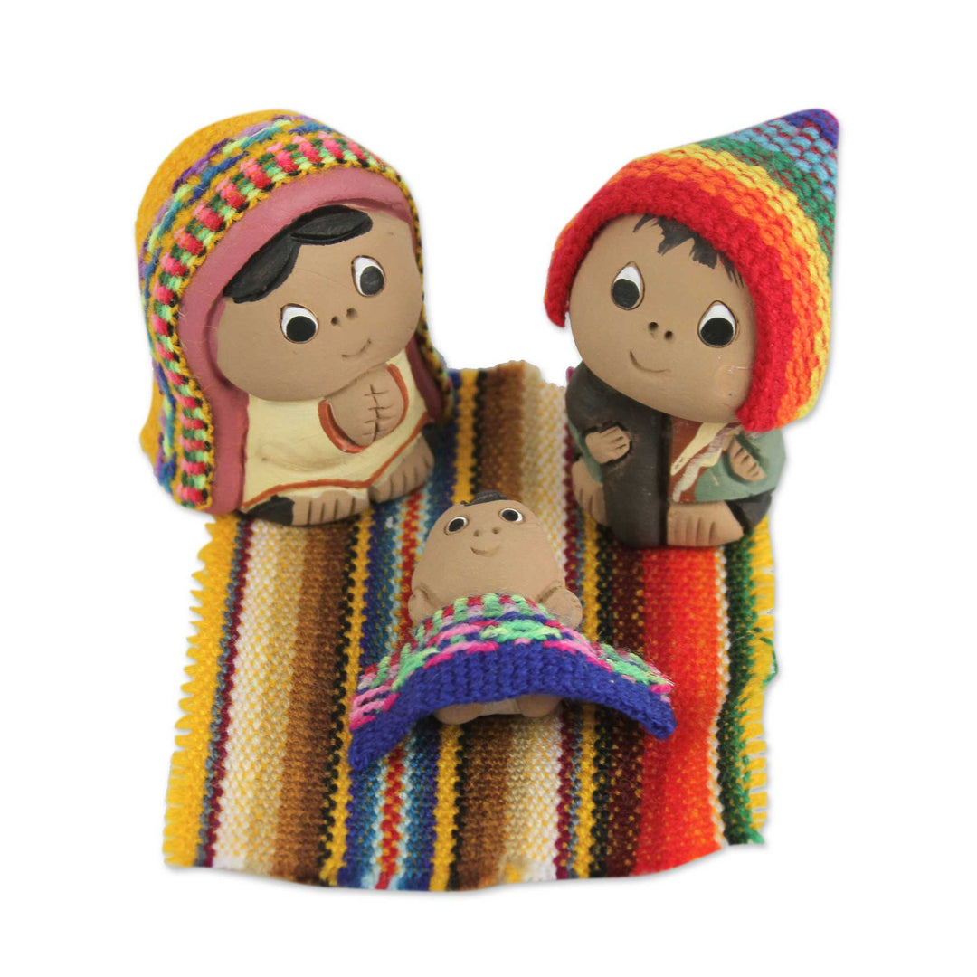 3-Pc Ceramic Nativity Scene with Woven Details from Peru - Andean Holy Family