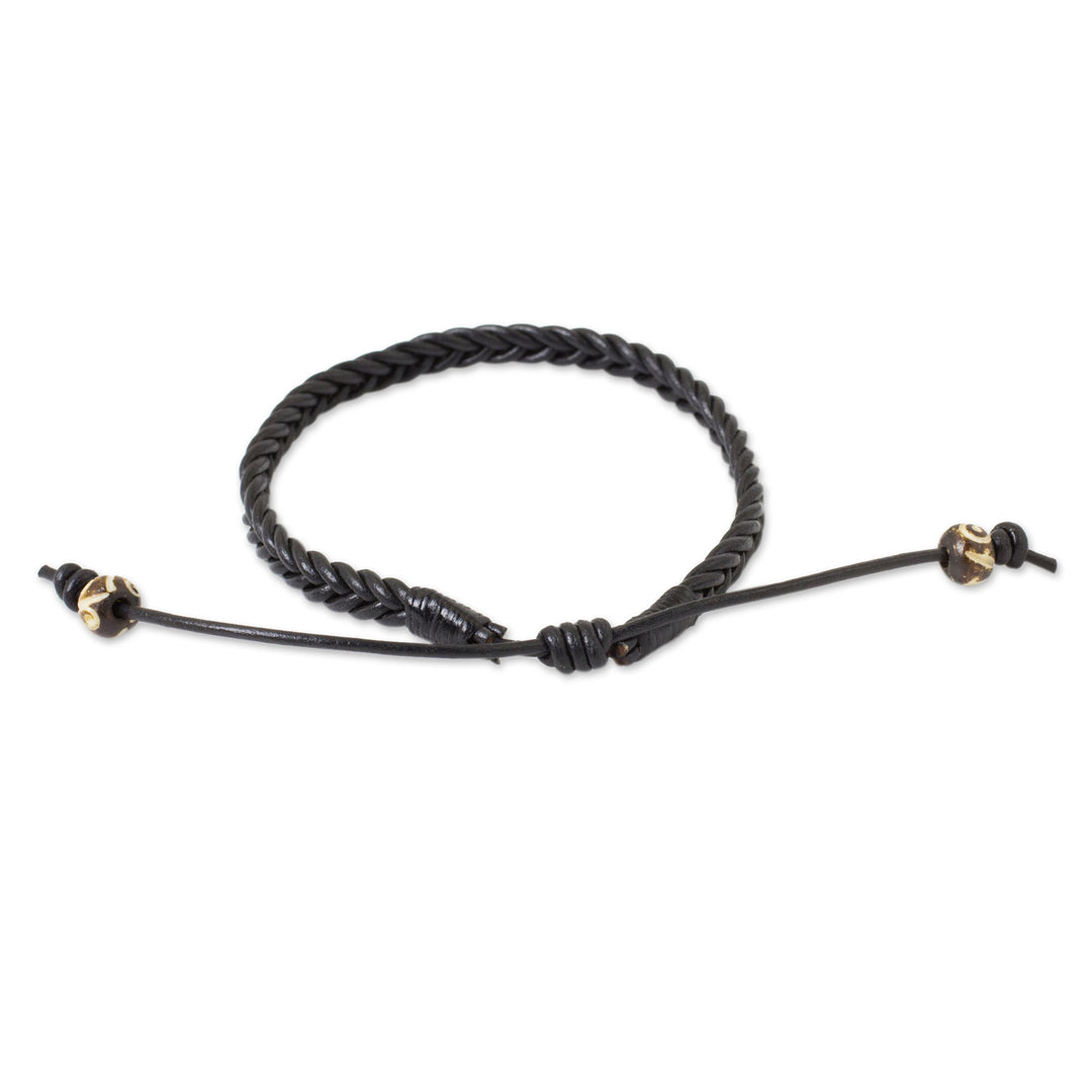 Braided Black Leather Mens Bracelet - Single Black Braid