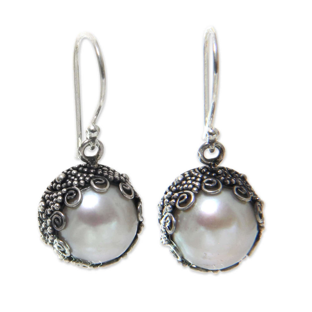 Bali Artisan Crafted White Pearl Earrings - Sanur Moon