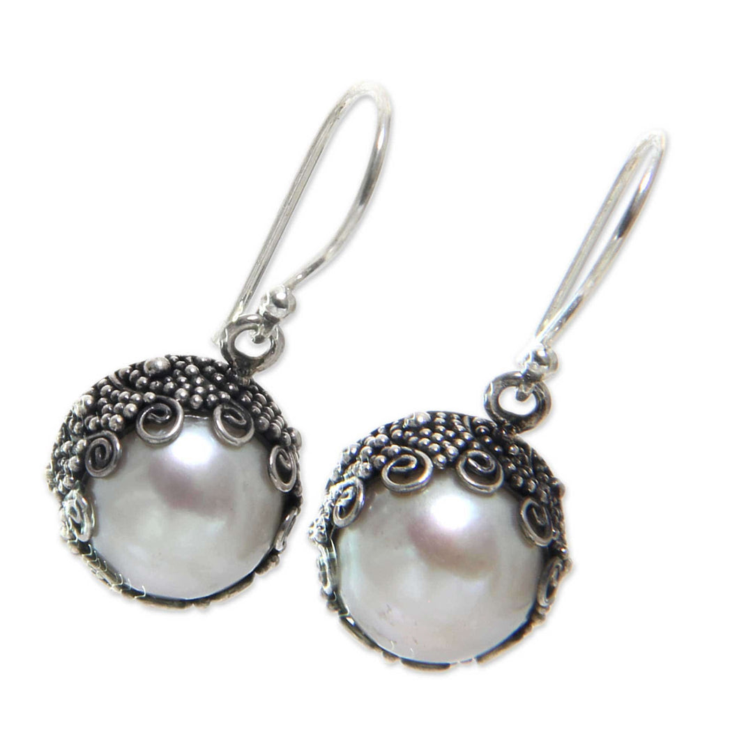 Bali Artisan Crafted White Pearl Earrings - Sanur Moon