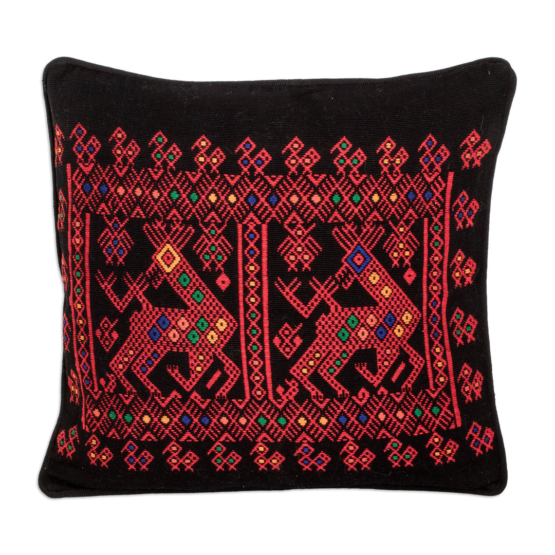 Red Deer Theme Maya Backstrap Black Cotton Cushion Cover - Red Maya Deer