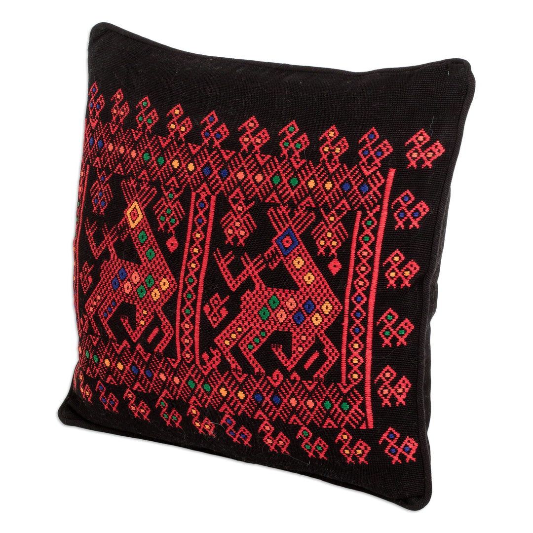 Red Deer Theme Maya Backstrap Black Cotton Cushion Cover - Red Maya Deer
