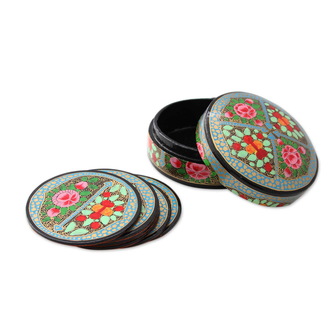 Artisan Crafted Papier Mache Coasters with Holder (Set of 6) - Kashmir Floral