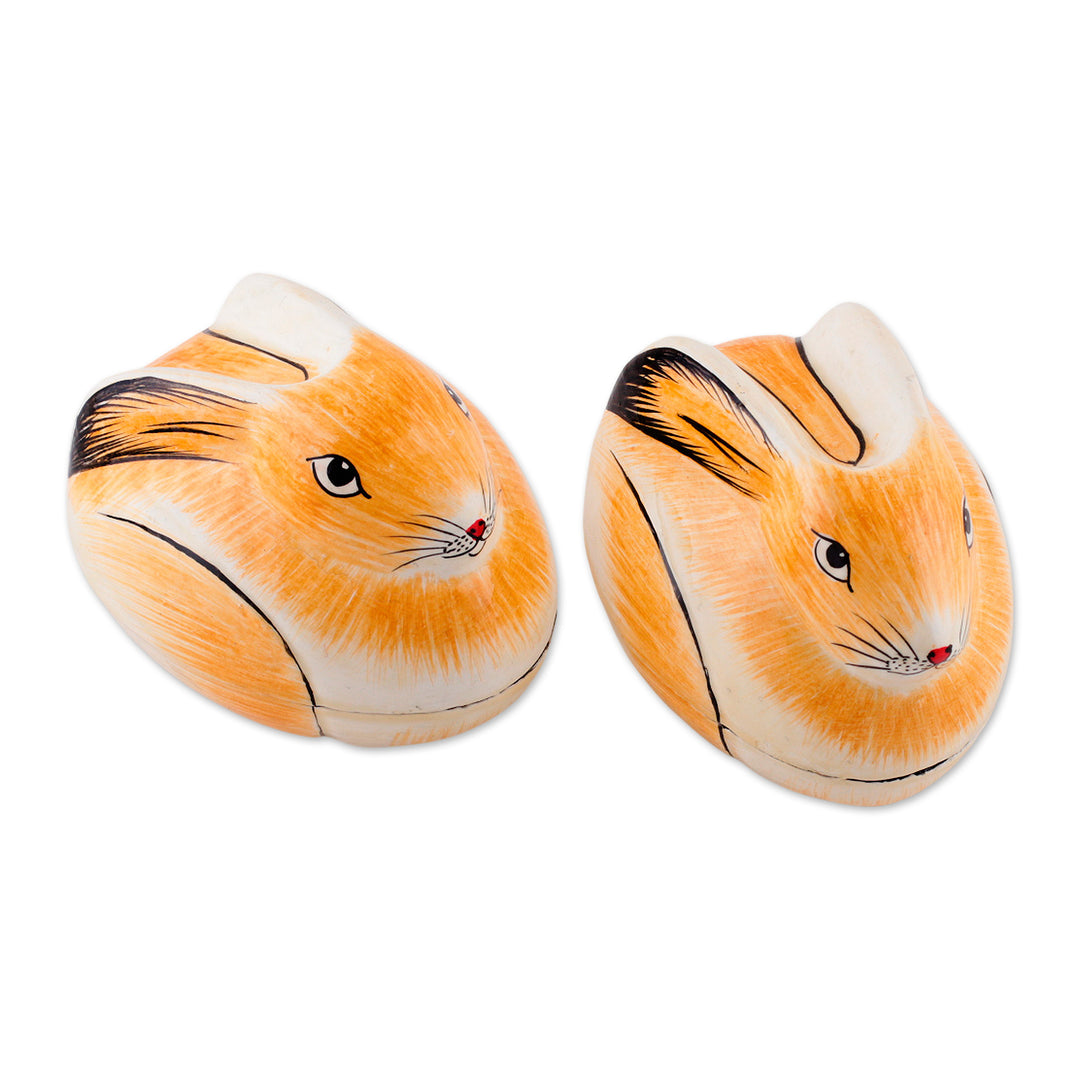 Artisan Crafted Papier Mache Decorative Bunny Boxes (Pair) - Charismatic Rabbits