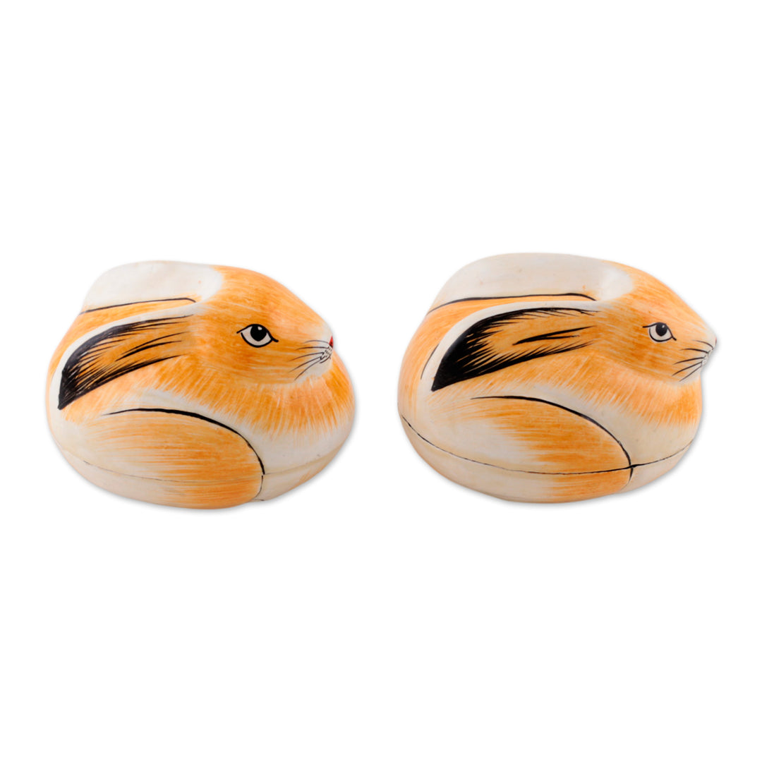 Artisan Crafted Papier Mache Decorative Bunny Boxes (Pair) - Charismatic Rabbits