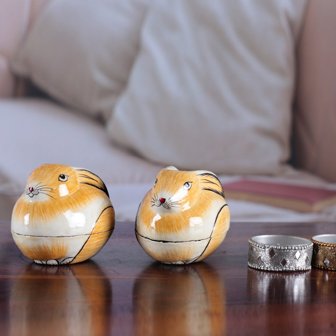Artisan Crafted Papier Mache Decorative Bunny Boxes (Pair) - Charismatic Rabbits