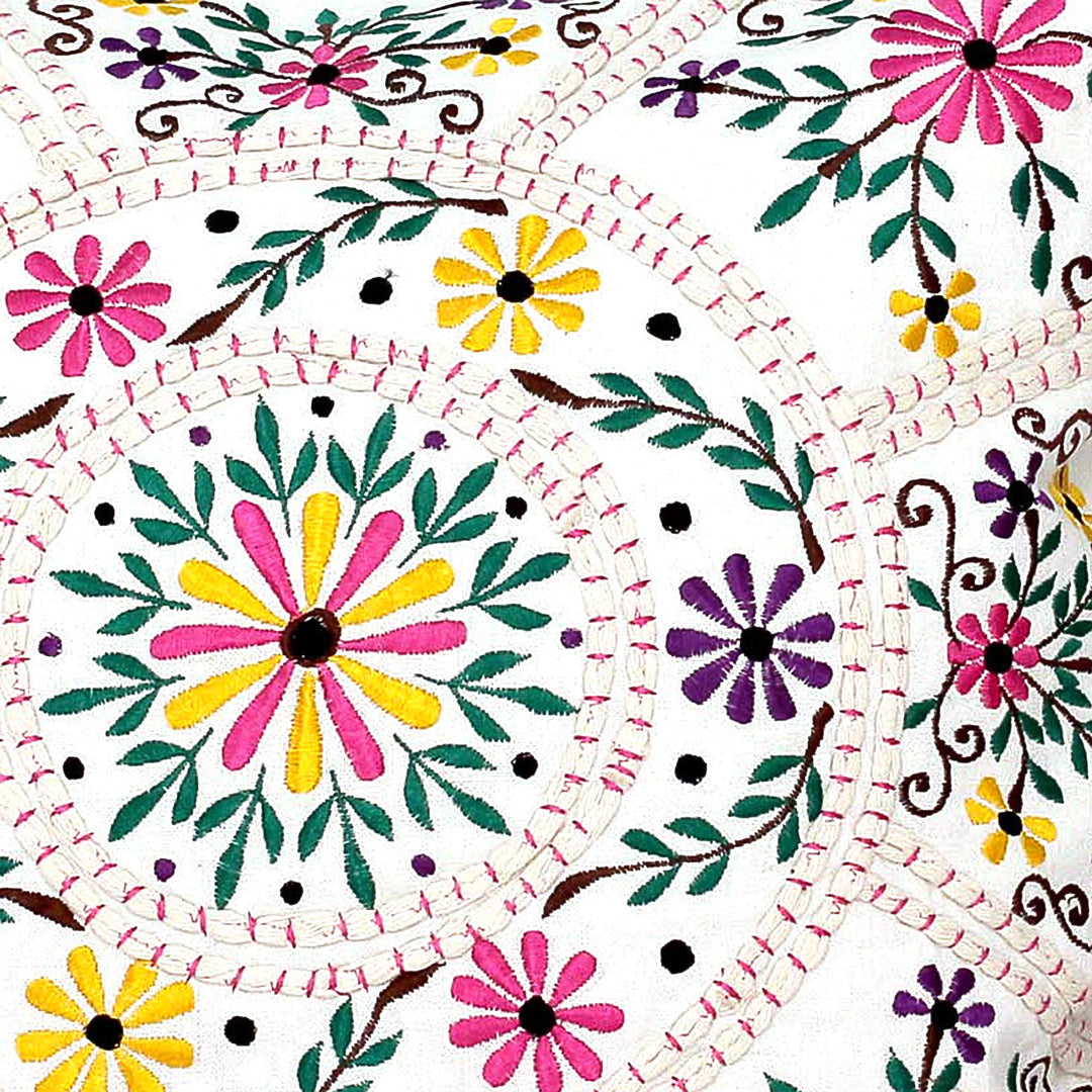 Bright Flower Embroidery White Cotton Cushion Covers (Pair) - Floral Carousel