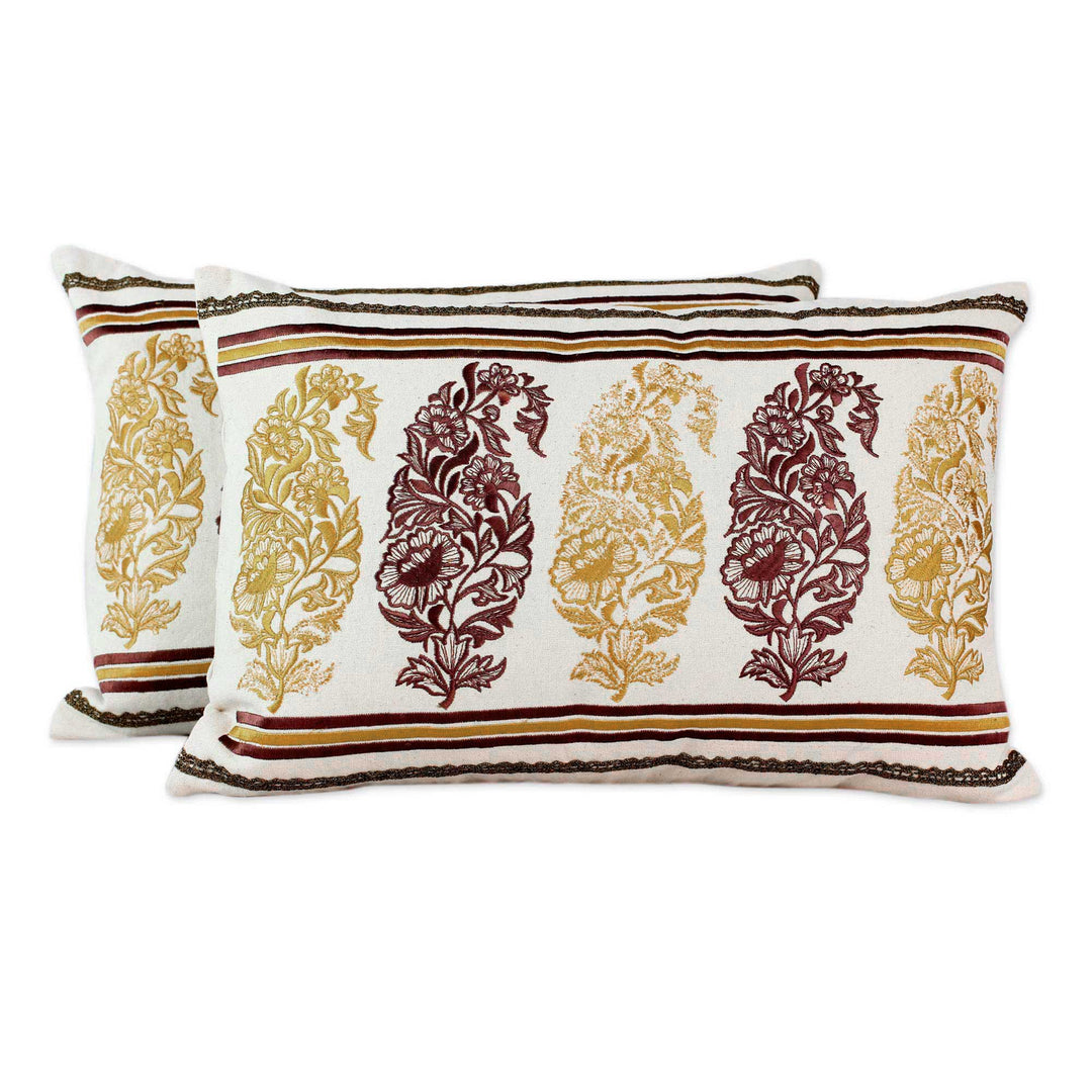 2 Brown and Yellow Paisley Embroidery Cotton Cushion Covers - Floral Paisley
