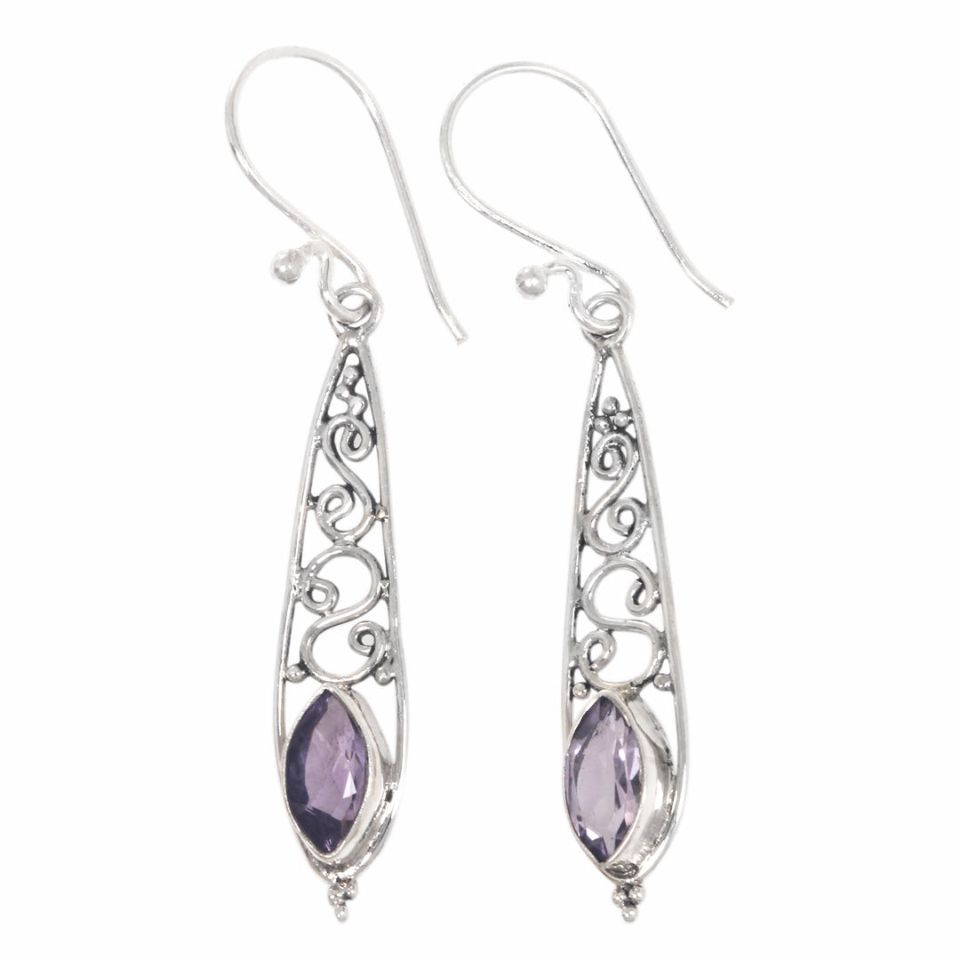 Artisan Crafted Amethyst and Silver Dangle Earrings - Jasmine Dew
