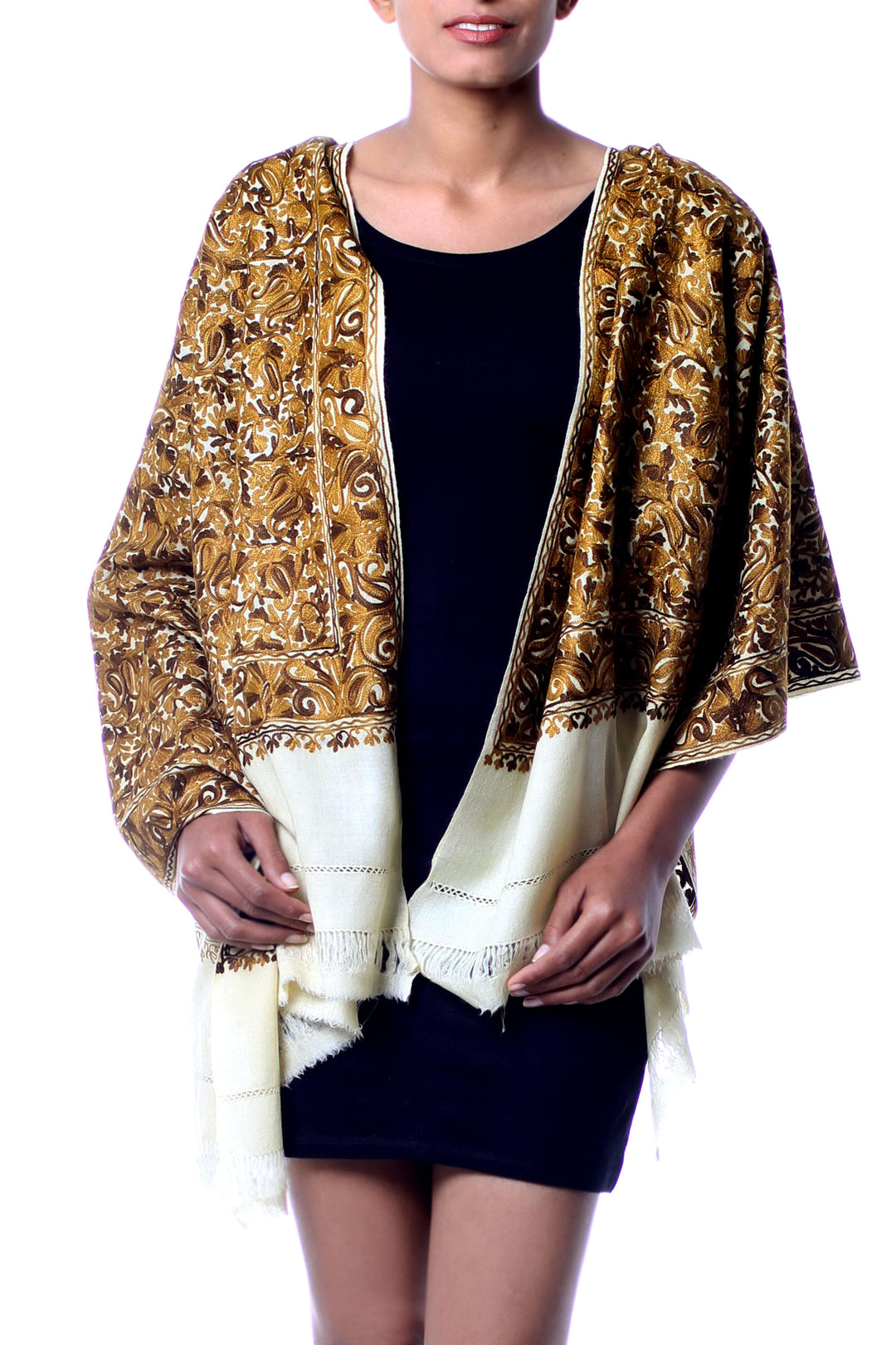 Chain Stitch Embroidered Brown and Yellow Floral Shawl - Golden Chrysanthemums