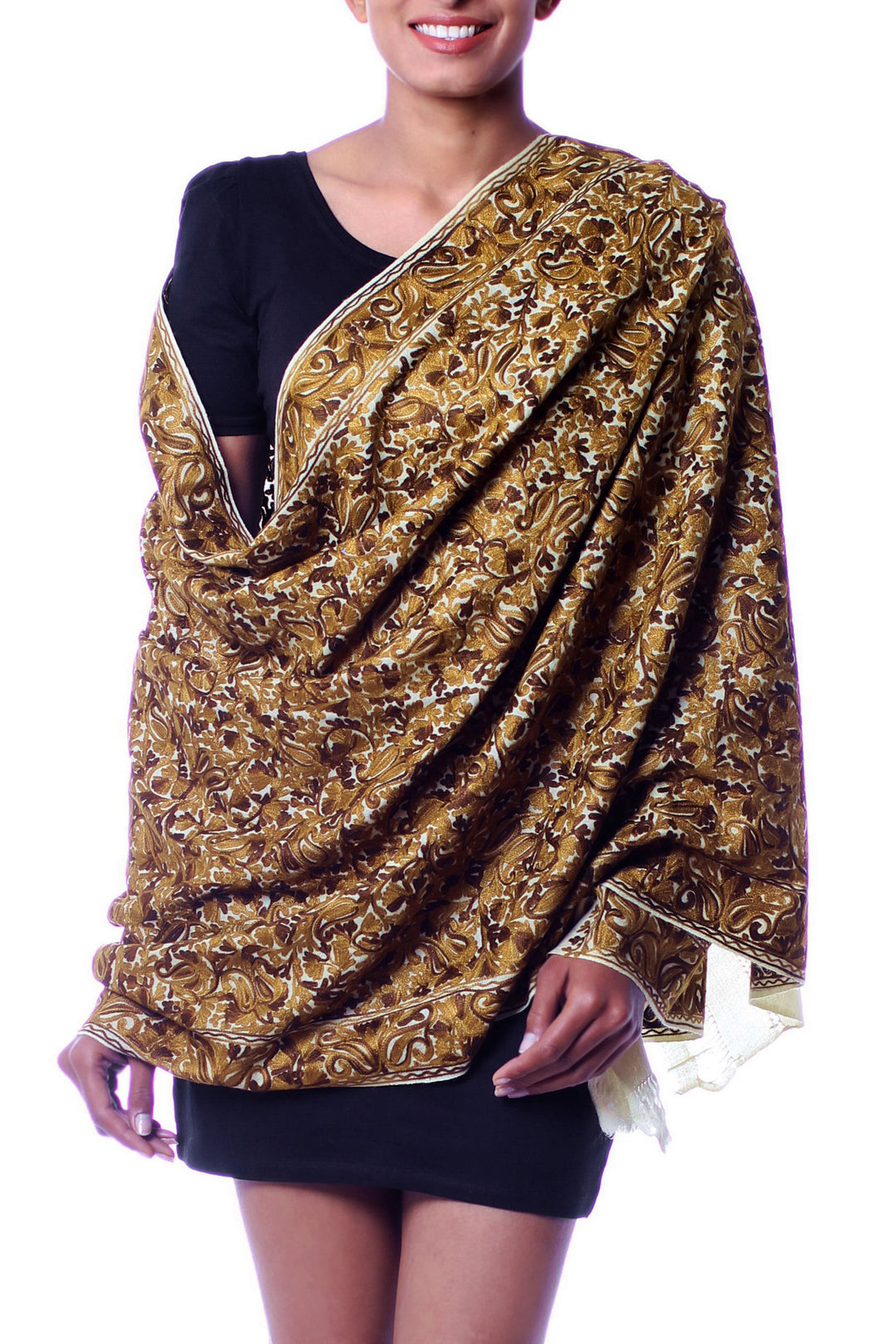 Chain Stitch Embroidered Brown and Yellow Floral Shawl - Golden Chrysanthemums