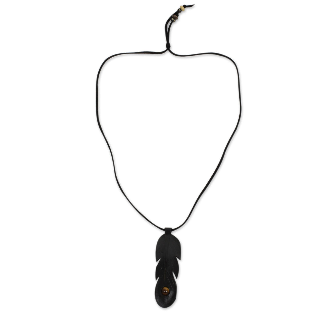 Handcrafted Black Leather Necklace with Tiger's Eye - Feather Spirit in Black