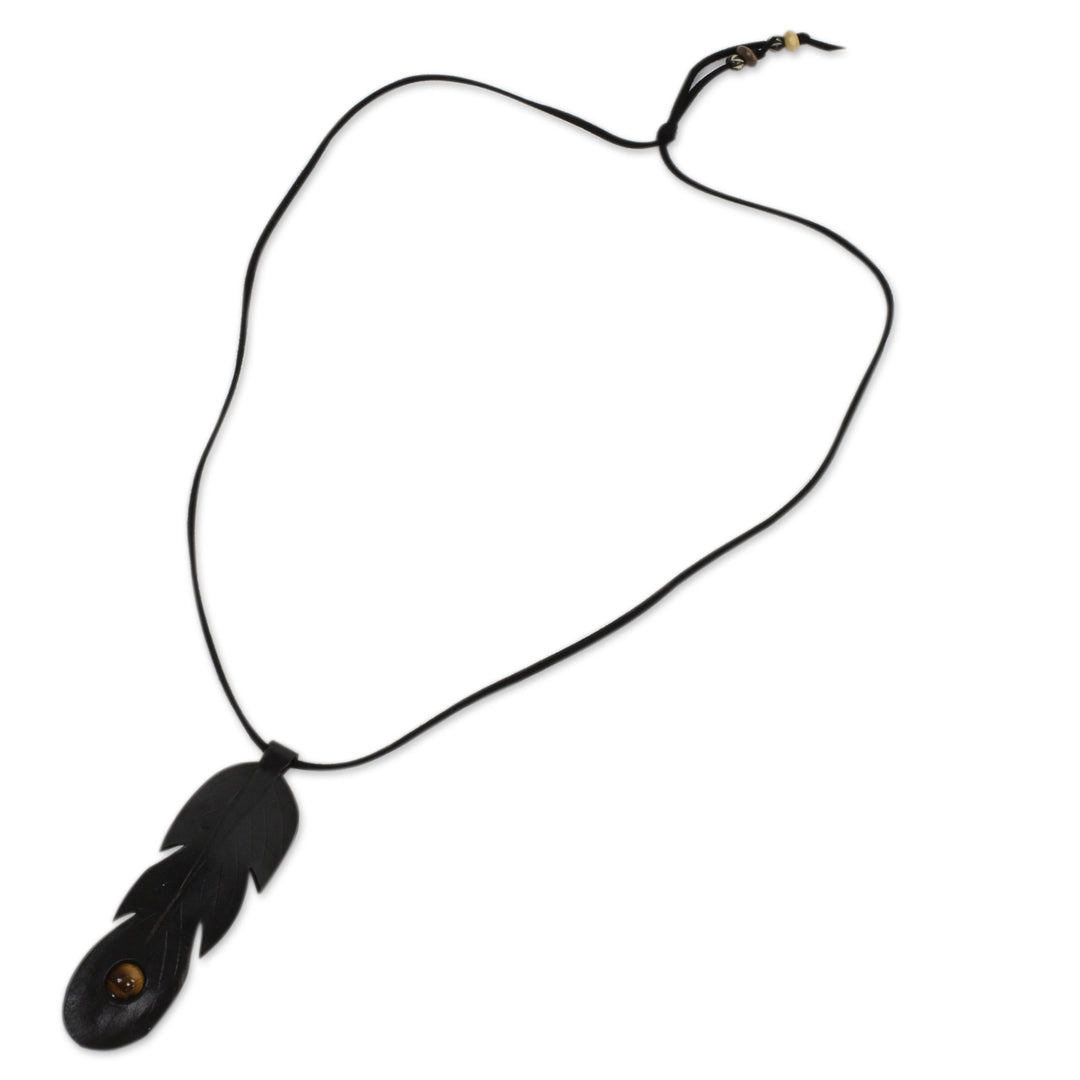 Handcrafted Black Leather Necklace with Tiger's Eye - Feather Spirit in Black