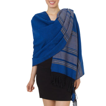 Blue Cotton Zapotec Shawl from Mexico with Golden Motifs - Golden Sea Foam