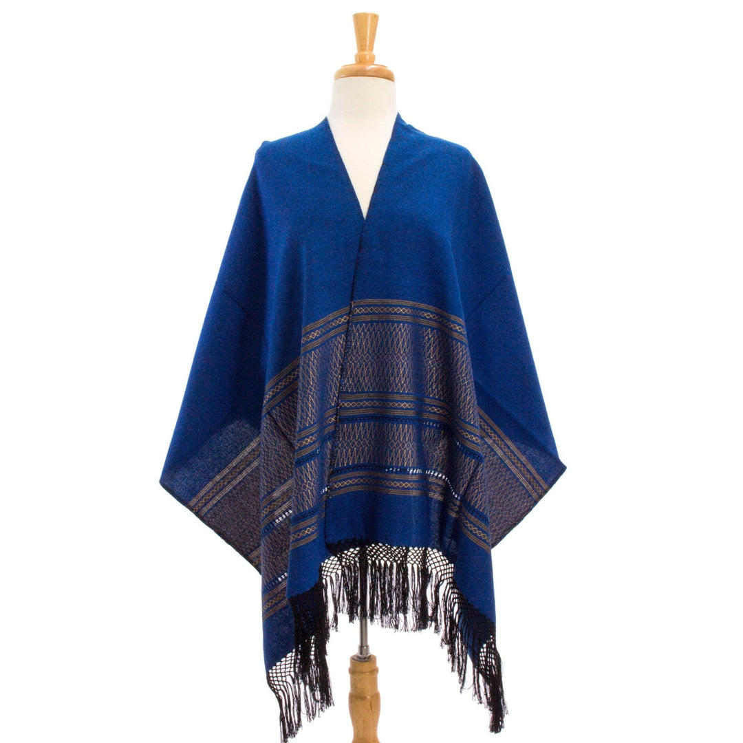 Blue Cotton Zapotec Shawl from Mexico with Golden Motifs - Golden Sea Foam