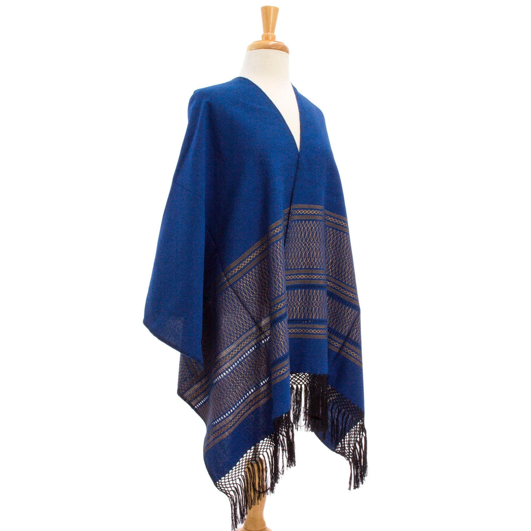 Blue Cotton Zapotec Shawl from Mexico with Golden Motifs - Golden Sea Foam