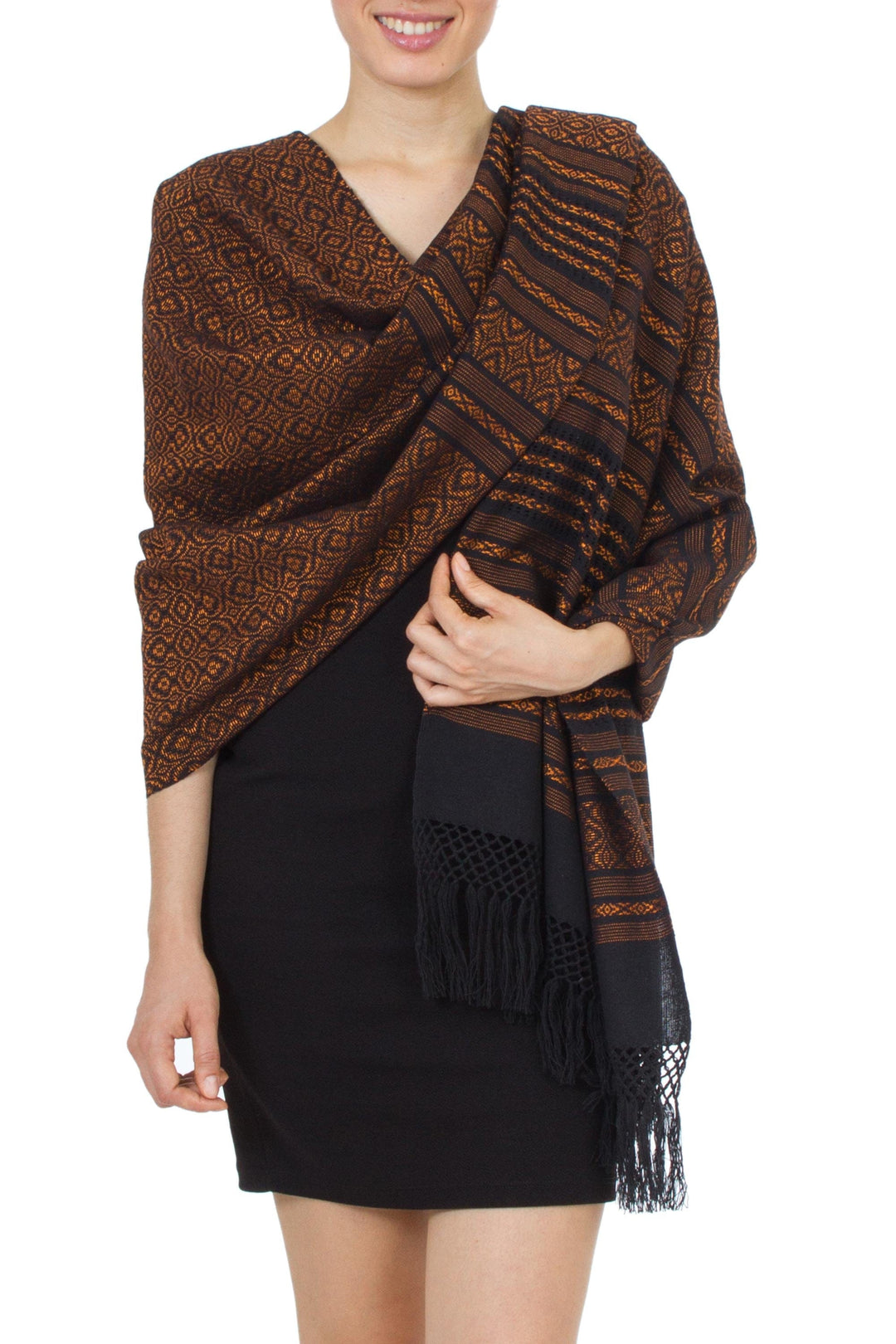 Handwoven Zapotec Cotton Shawl in Black and Orange - Dry Leaves