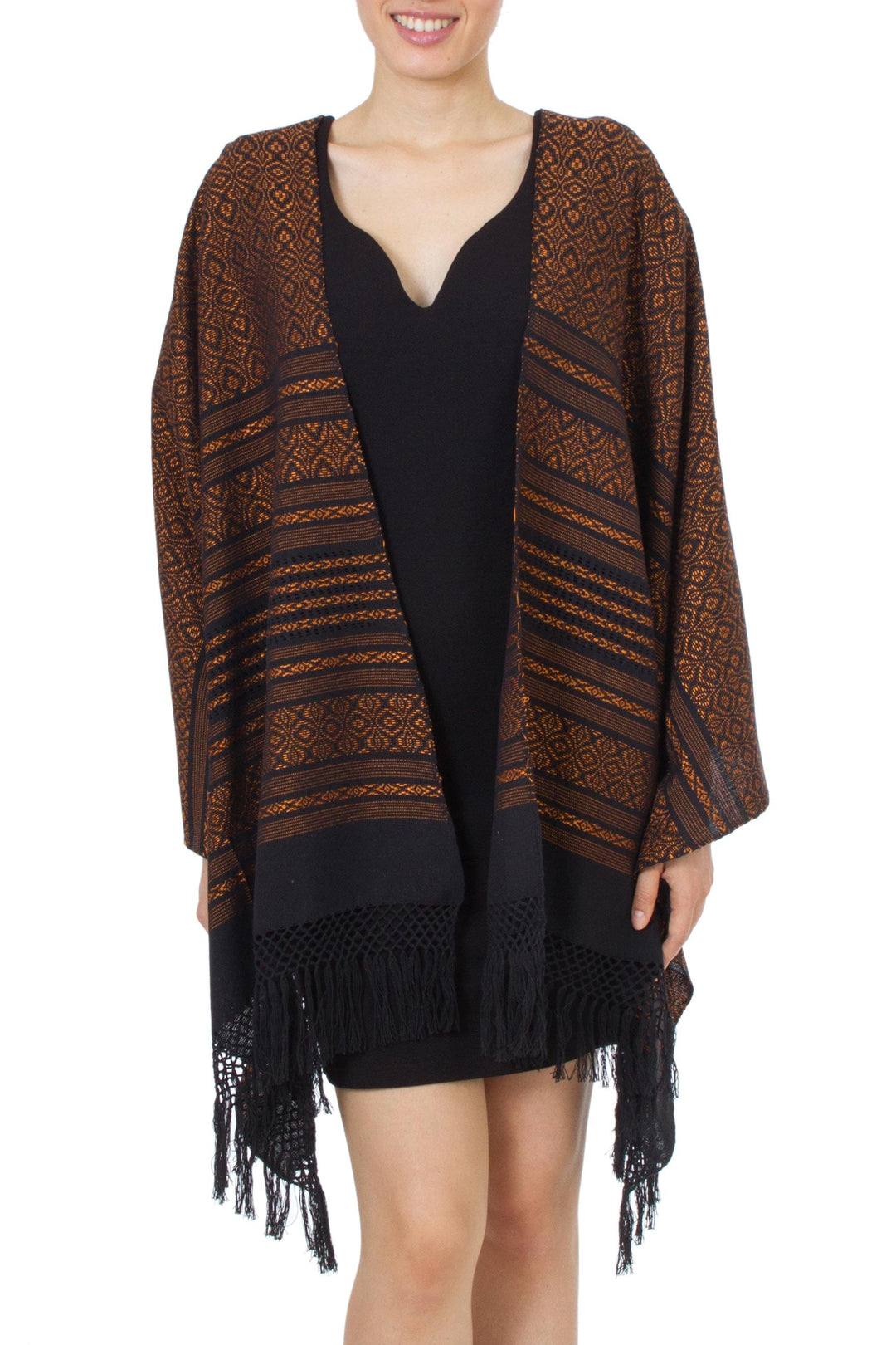 Handwoven Zapotec Cotton Shawl in Black and Orange - Dry Leaves