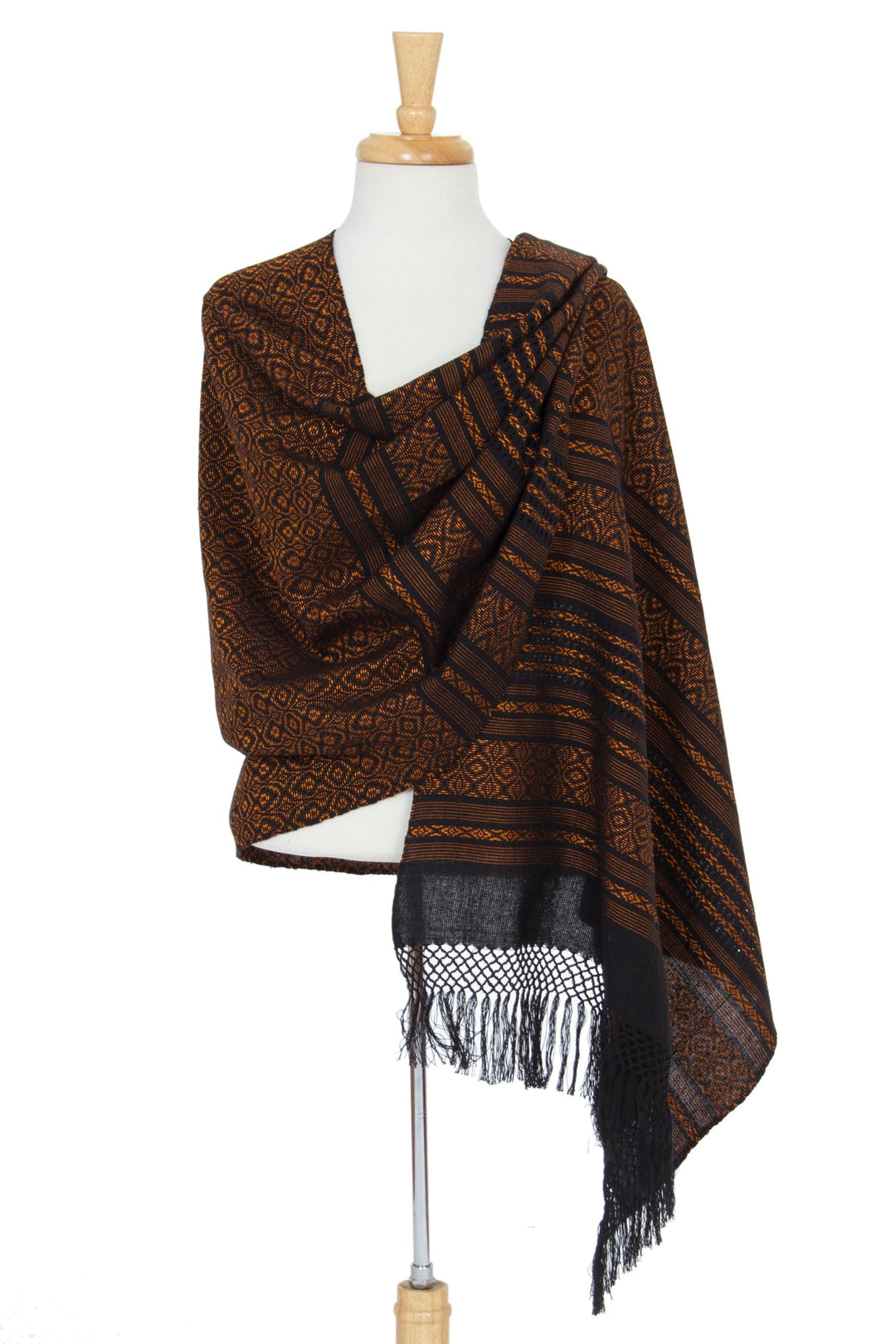 Handwoven Zapotec Cotton Shawl in Black and Orange - Dry Leaves