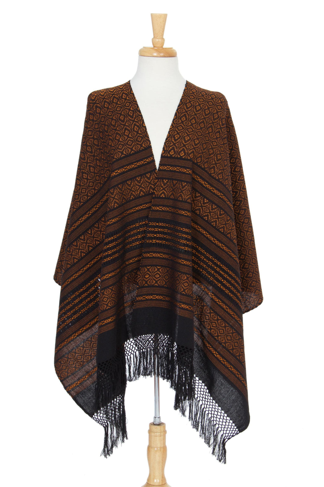 Handwoven Zapotec Cotton Shawl in Black and Orange - Dry Leaves