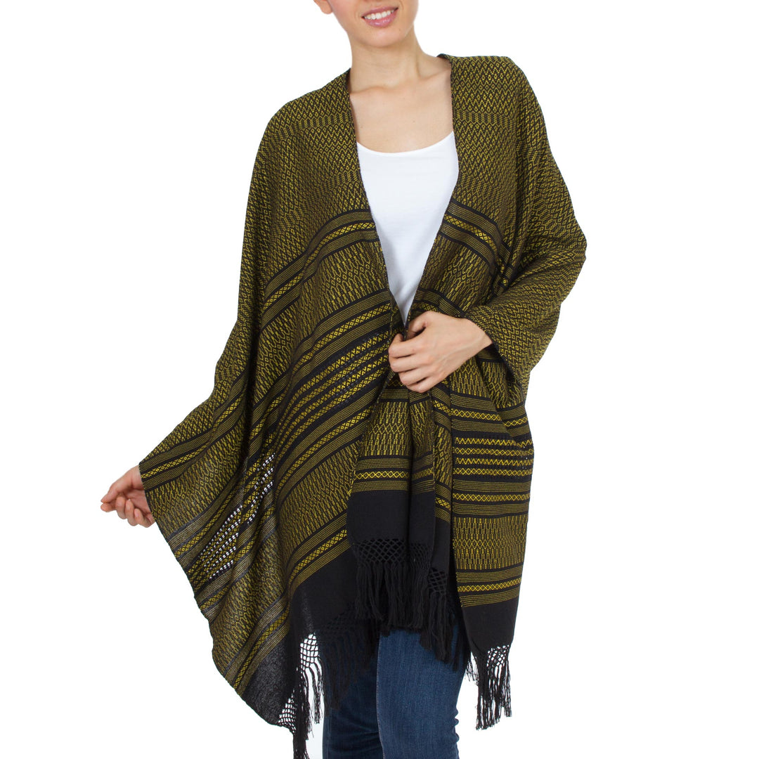 Handwoven Zapotec Black and Yellow Cotton Shawl - Sun and Shadow
