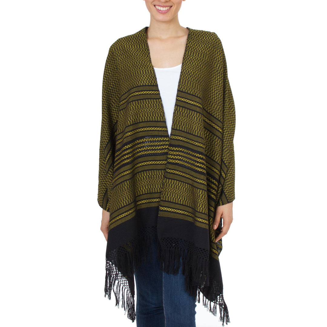 Handwoven Zapotec Black and Yellow Cotton Shawl - Sun and Shadow