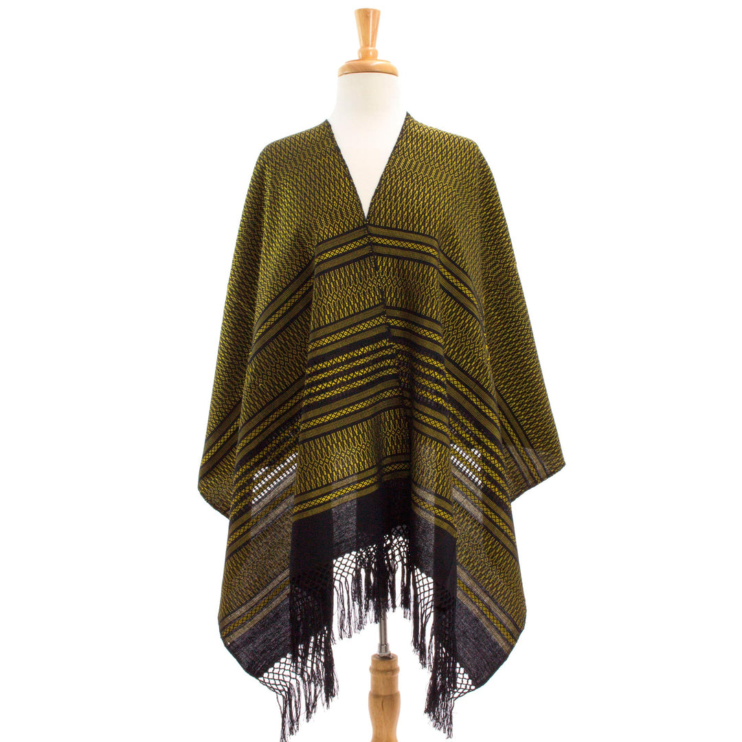 Handwoven Zapotec Black and Yellow Cotton Shawl - Sun and Shadow