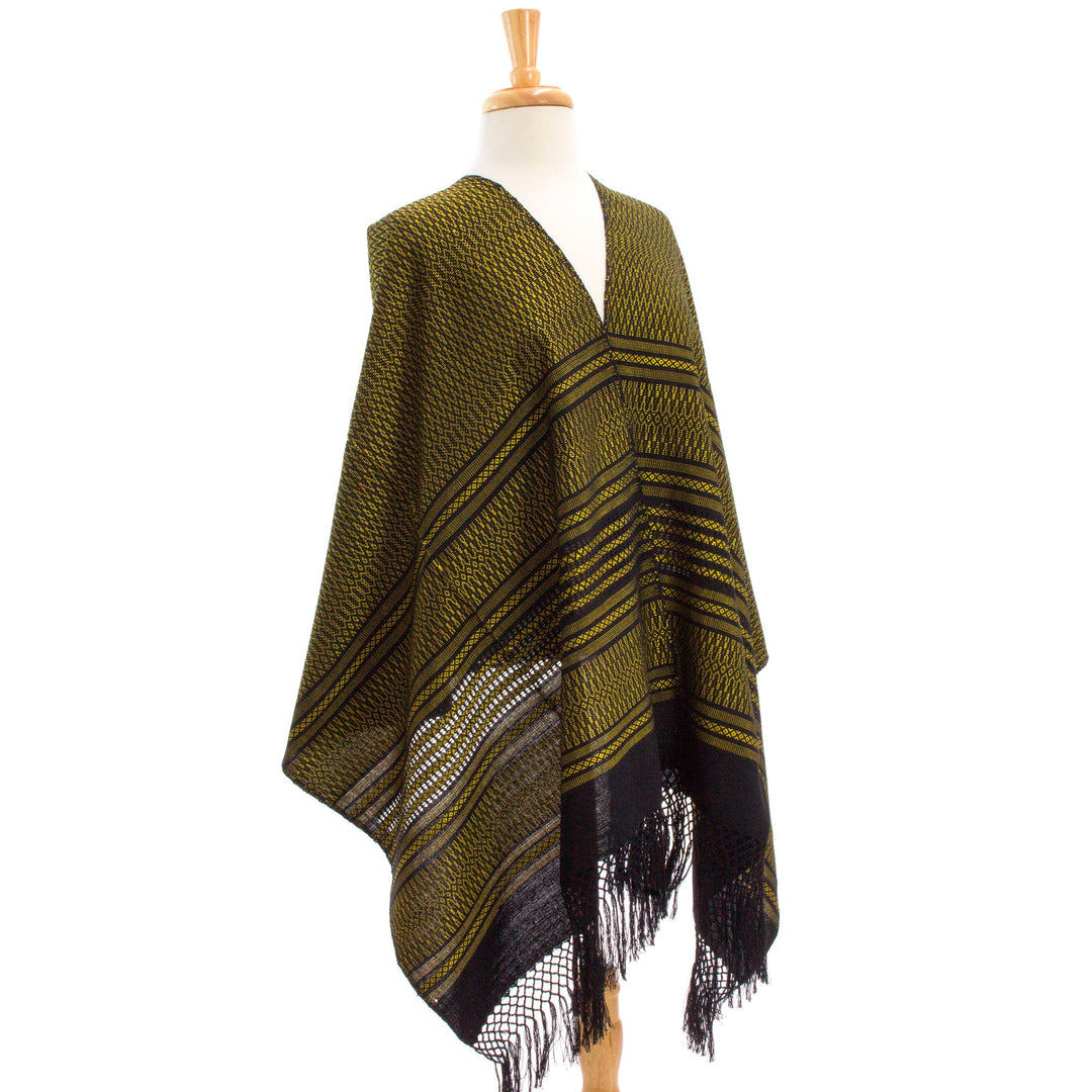 Handwoven Zapotec Black and Yellow Cotton Shawl - Sun and Shadow