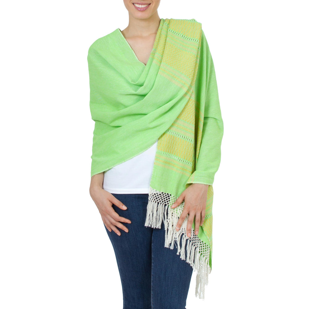 Handwoven Bright Green and Yellow Cotton Zapotec Shawl - Golden Meadow