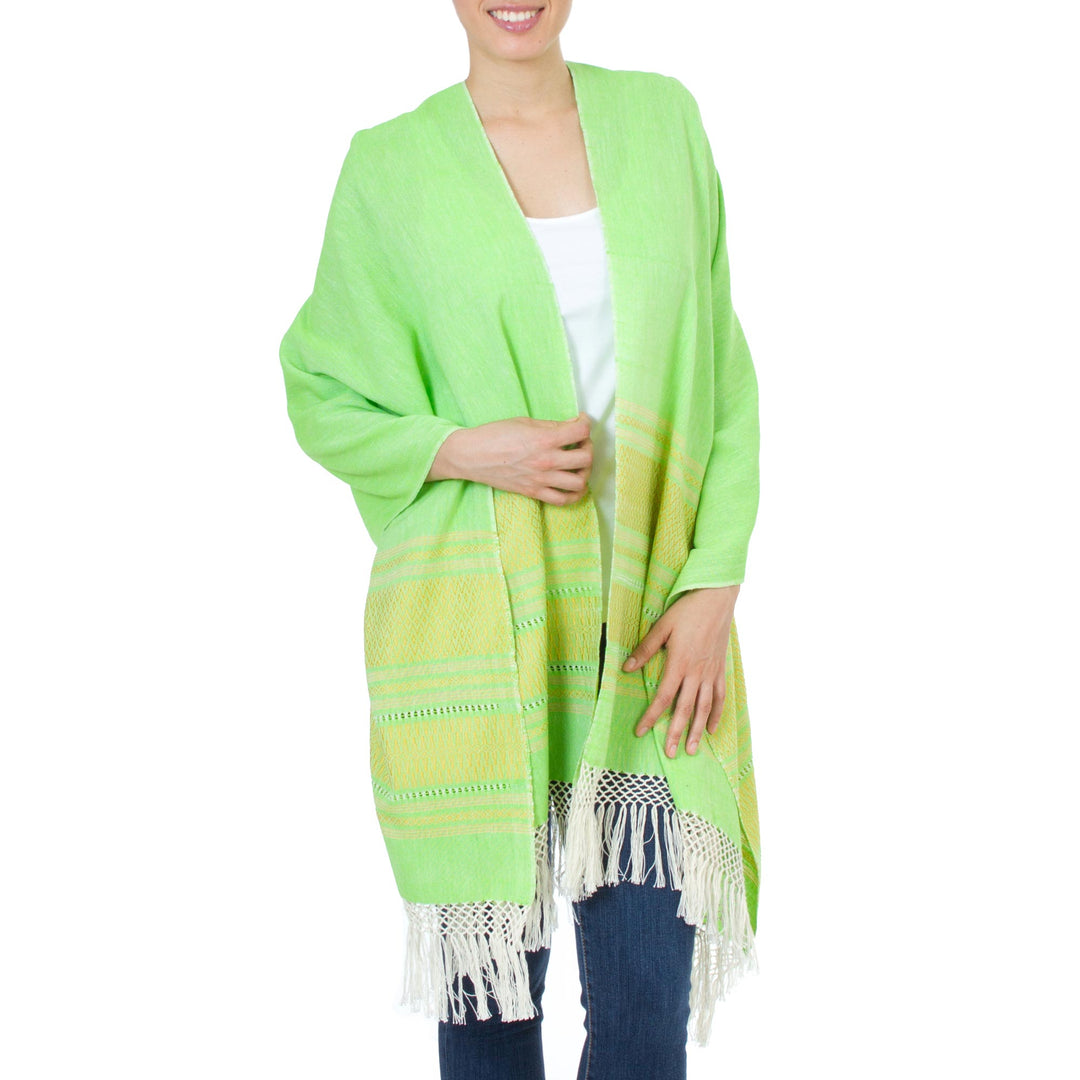 Handwoven Bright Green and Yellow Cotton Zapotec Shawl - Golden Meadow