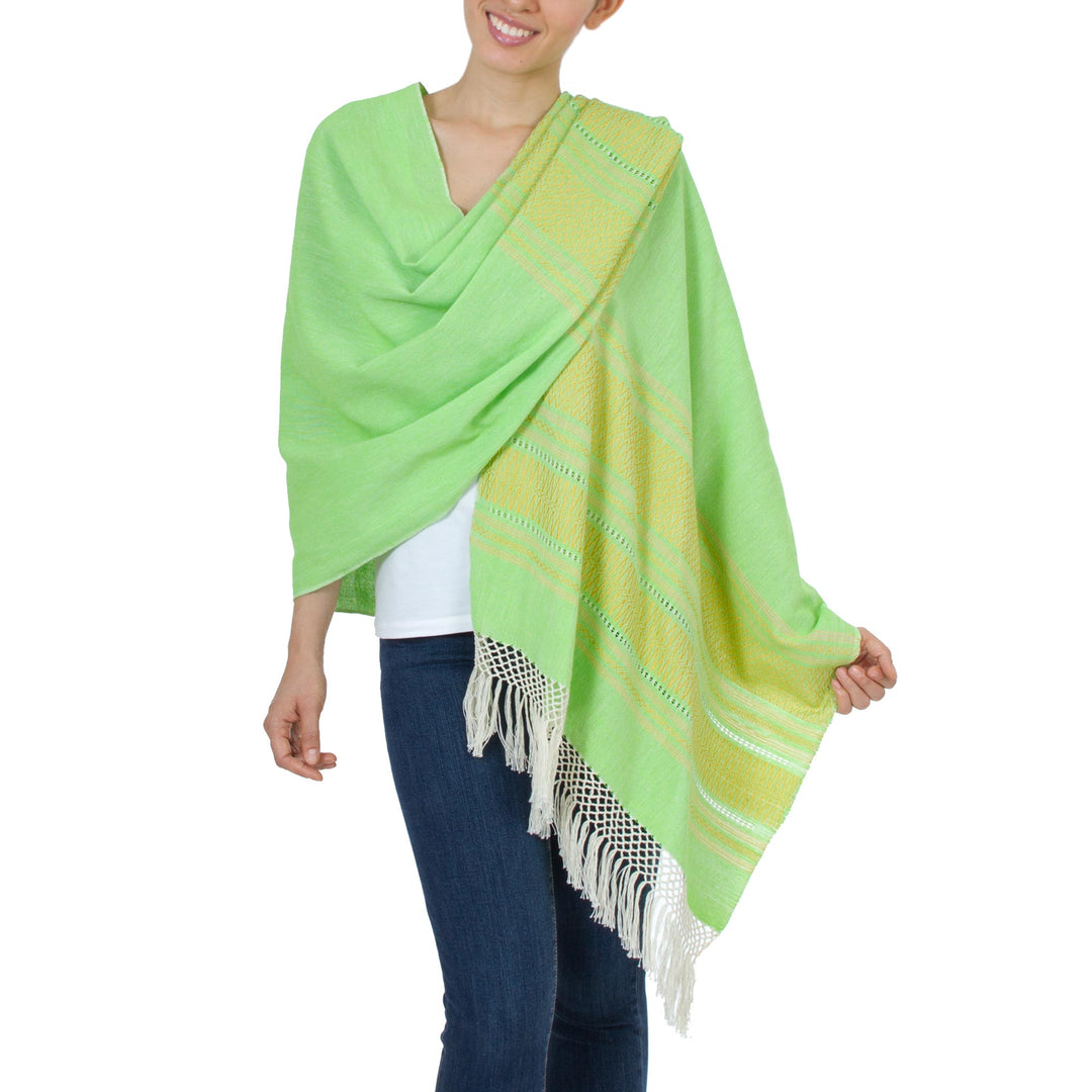 Handwoven Bright Green and Yellow Cotton Zapotec Shawl - Golden Meadow