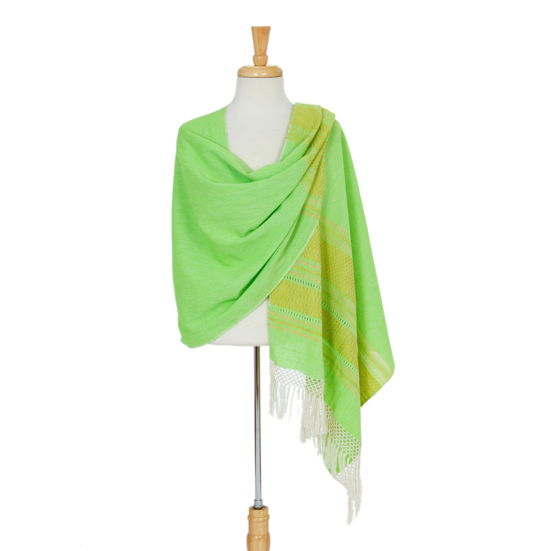 Handwoven Bright Green and Yellow Cotton Zapotec Shawl - Golden Meadow