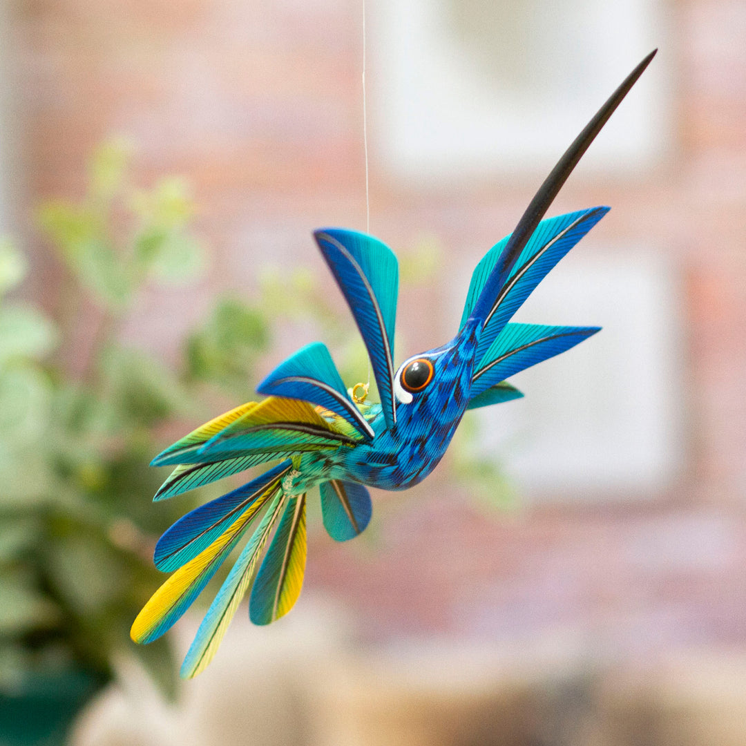 Blue Hummingbird Alebrije Hanging Sculpture from Mexico - Blue Hummingbird