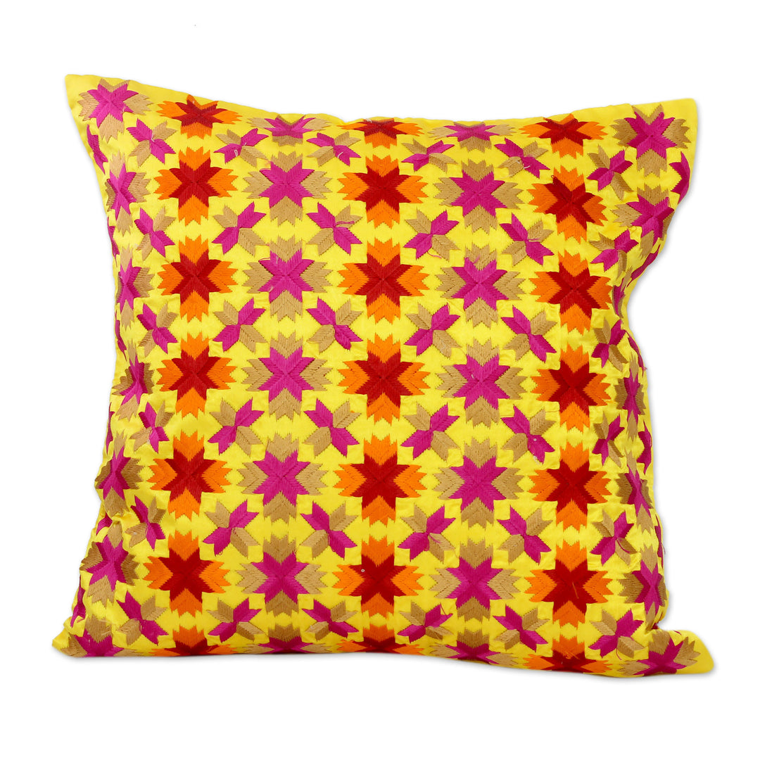 Multi Color Stars over Yellow Satin Cushion Covers (Pair) - Holi Stars