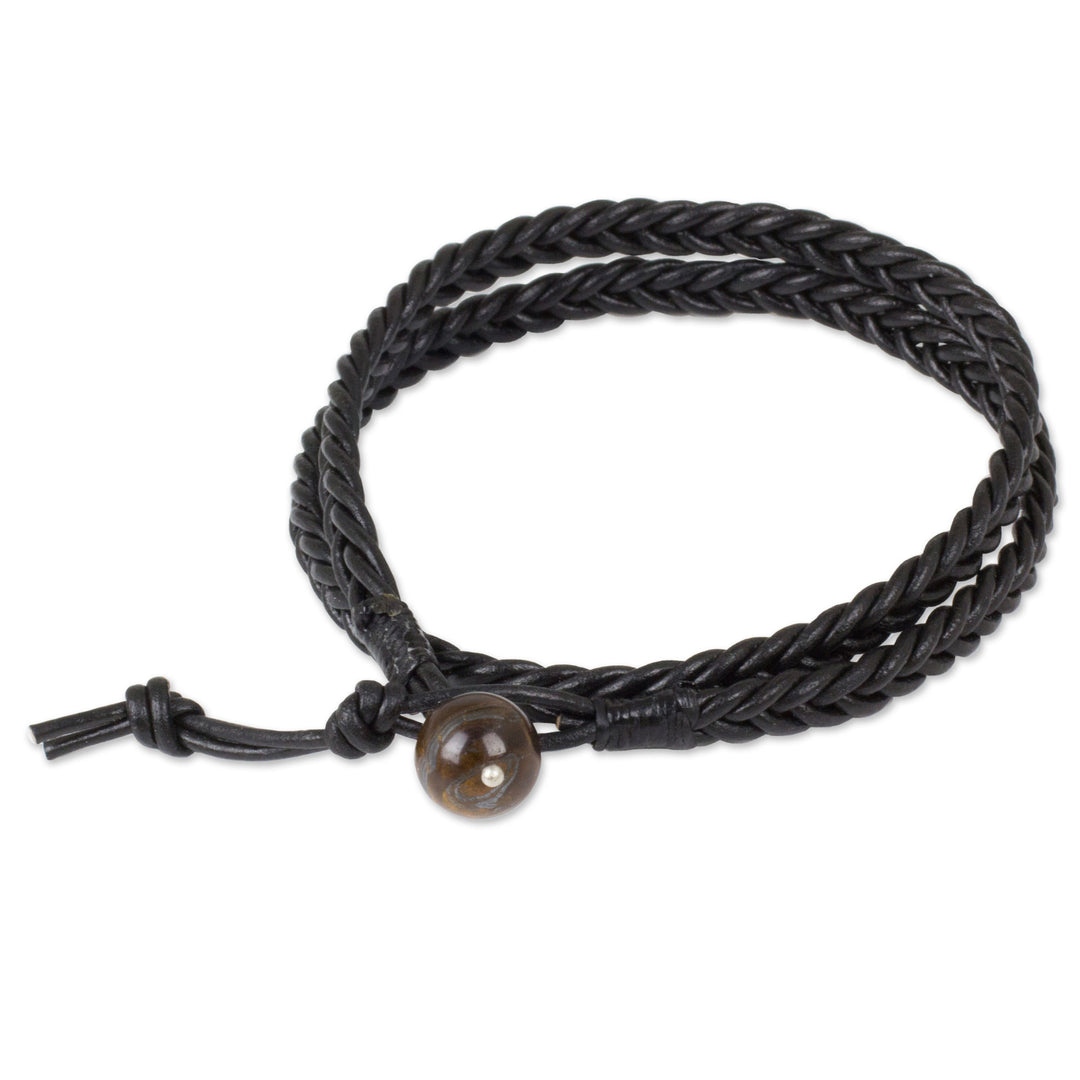 Mens Hand Braided Black Leather Wrap Bracelet - Double Ebony