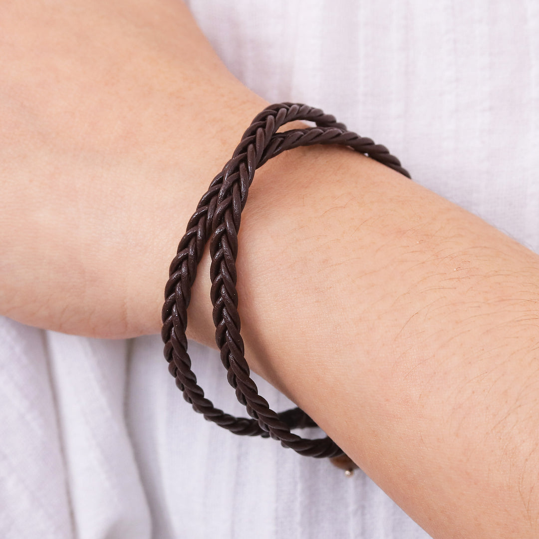 Hand Braided Brown Leather Mens Wrap Bracelet - Double Chocolate