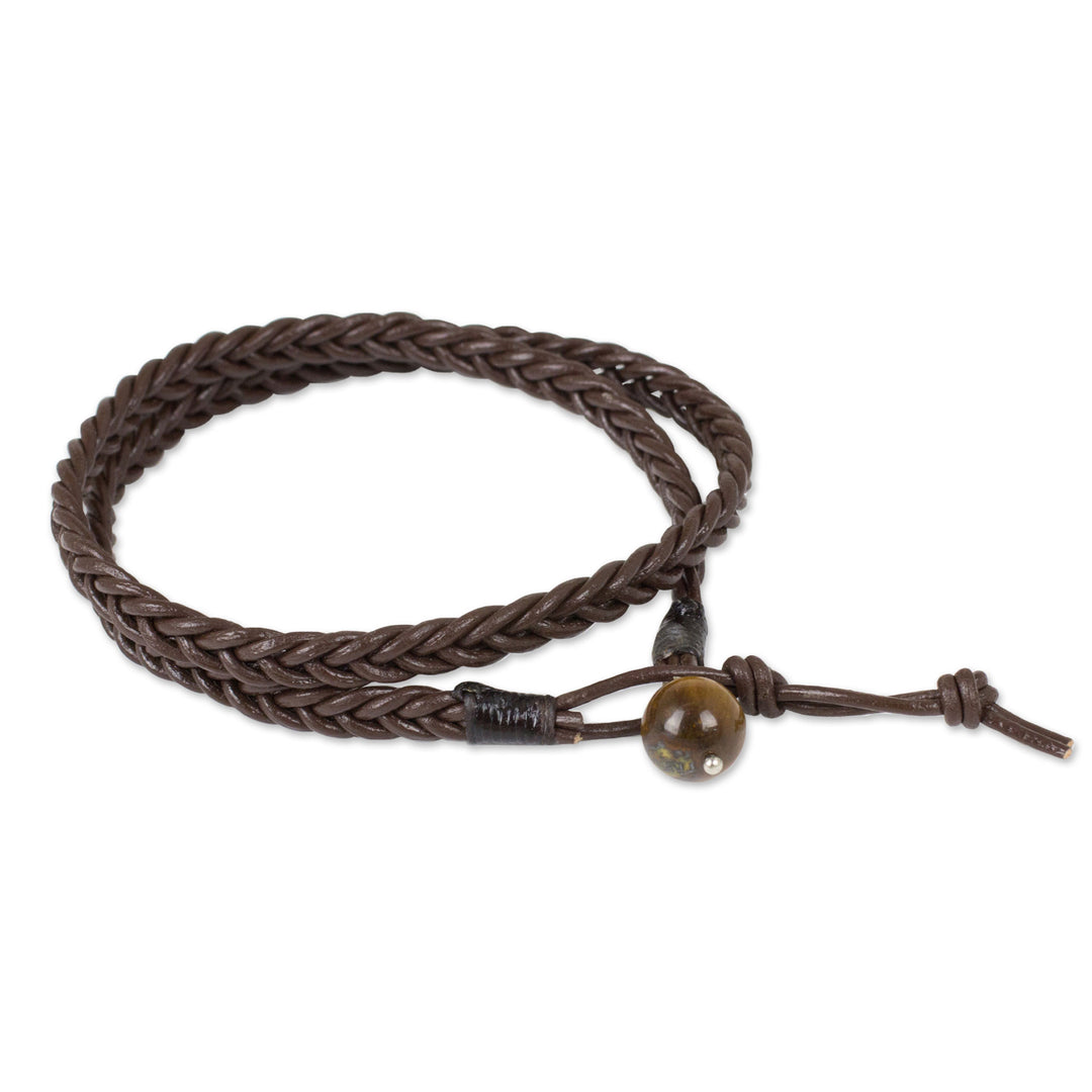 Hand Braided Brown Leather Mens Wrap Bracelet - Double Chocolate