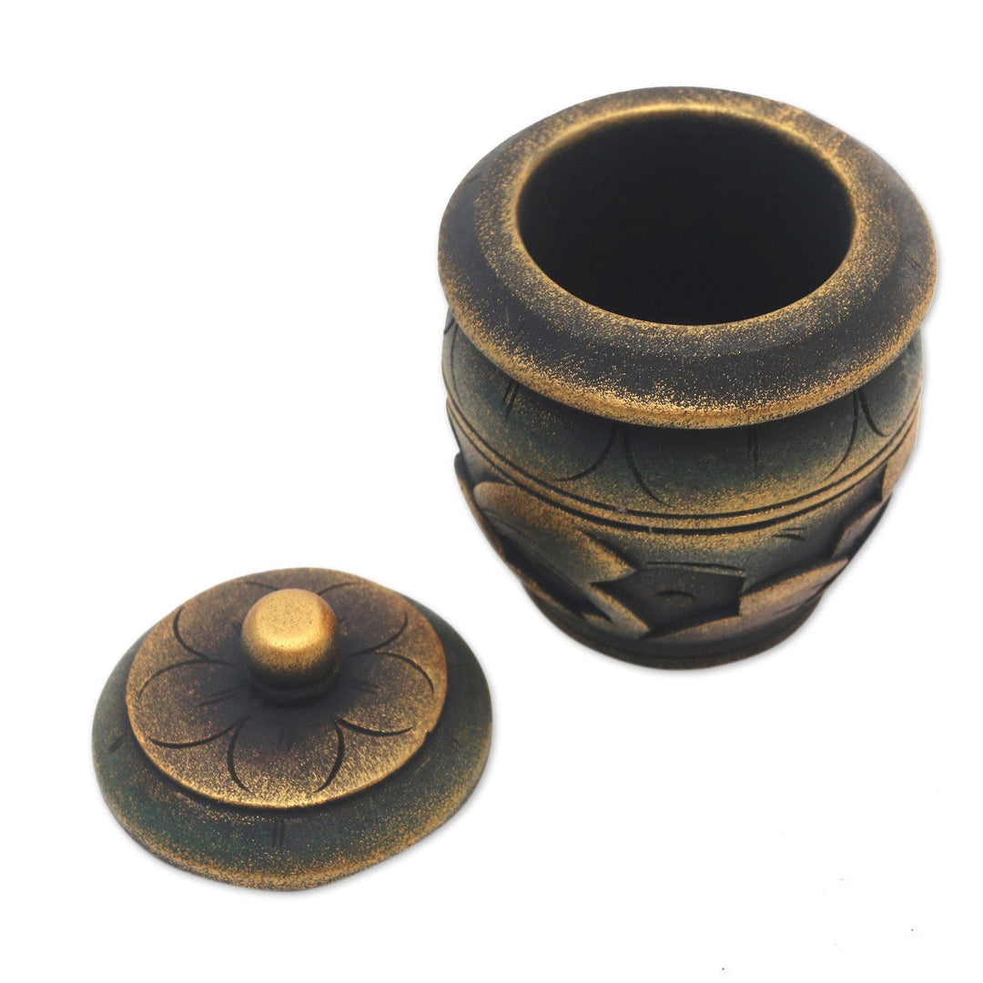 Floral Hand Carved Mahogany Wood Decorative Box - Golden Sunrise