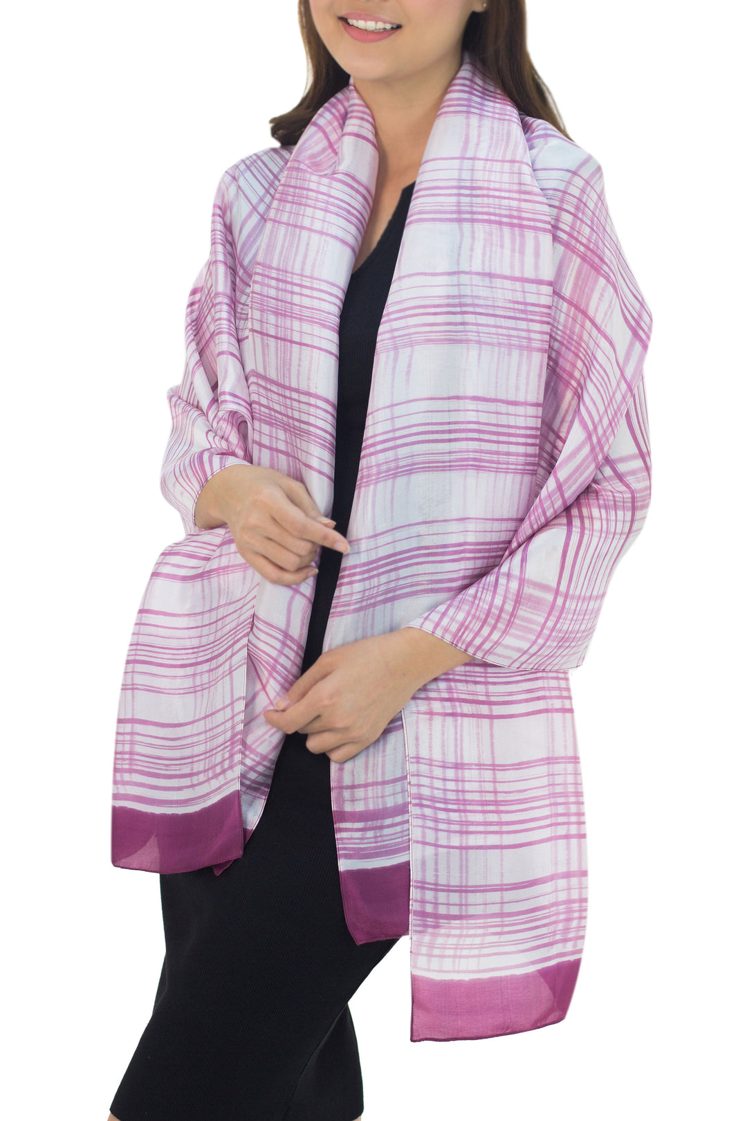 Thai White Silk Blend Shawl with Pink Batik - Pink Plaid Batik