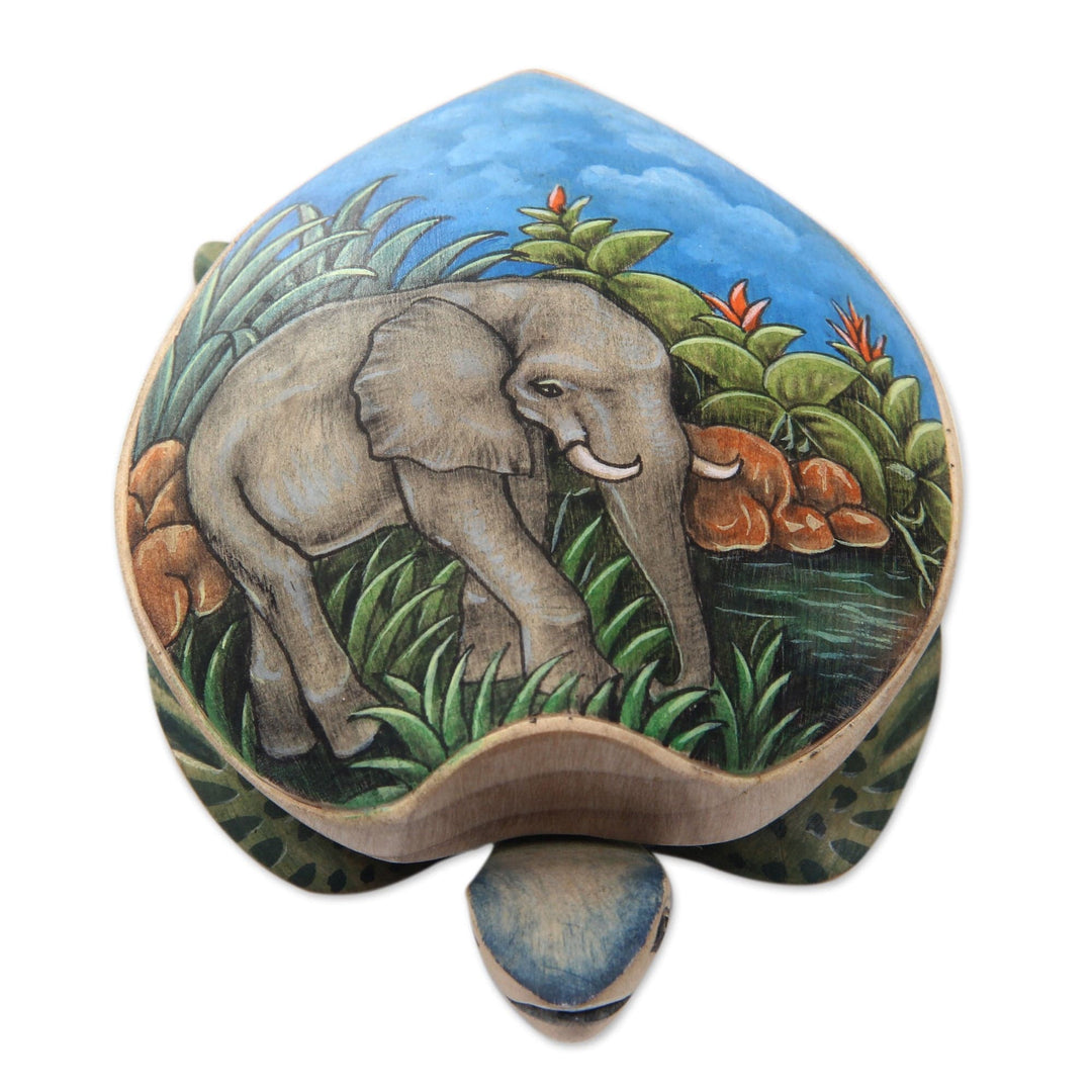 Hand Carved and Painted Turtle Box with Elephant Motif - Turtle and Elephant