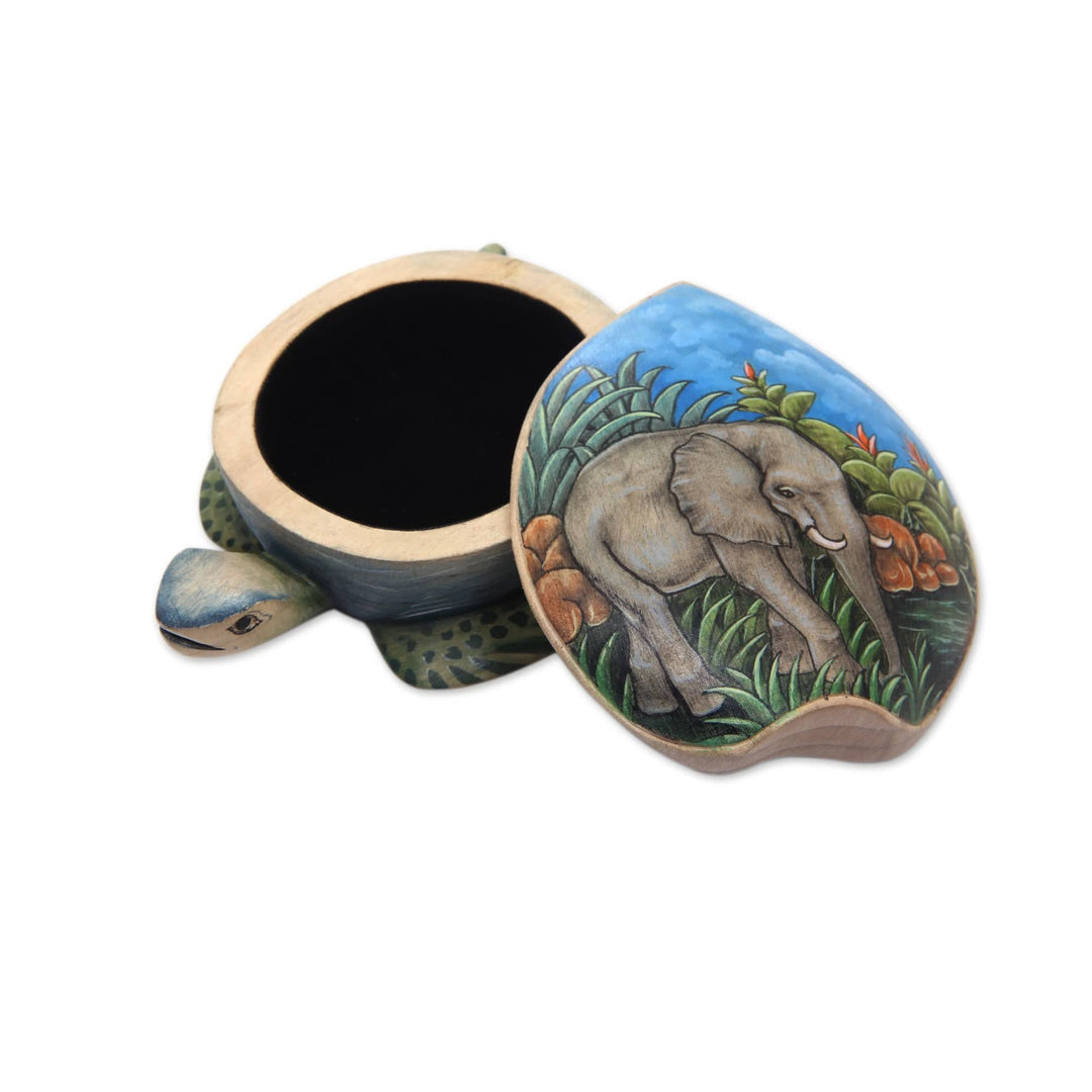 Hand Carved and Painted Turtle Box with Elephant Motif - Turtle and Elephant