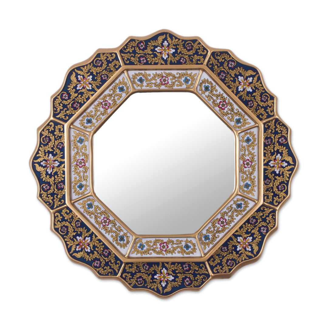 Blue Reverse Painted Glass Mirror Handmade in Peru - Azure Star