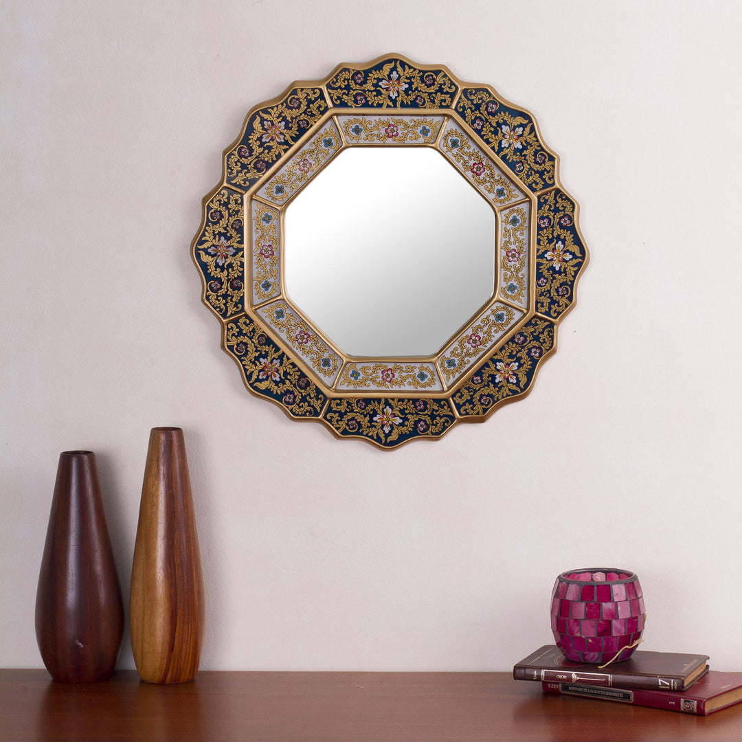 Blue Reverse Painted Glass Mirror Handmade in Peru - Azure Star