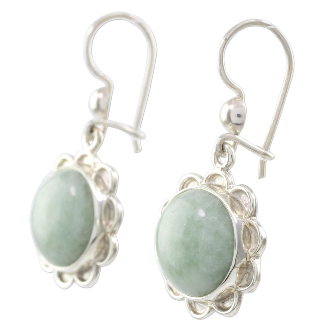 Sterling Silver Flower Earrings with Light Green Jade - Solar Apple Flower