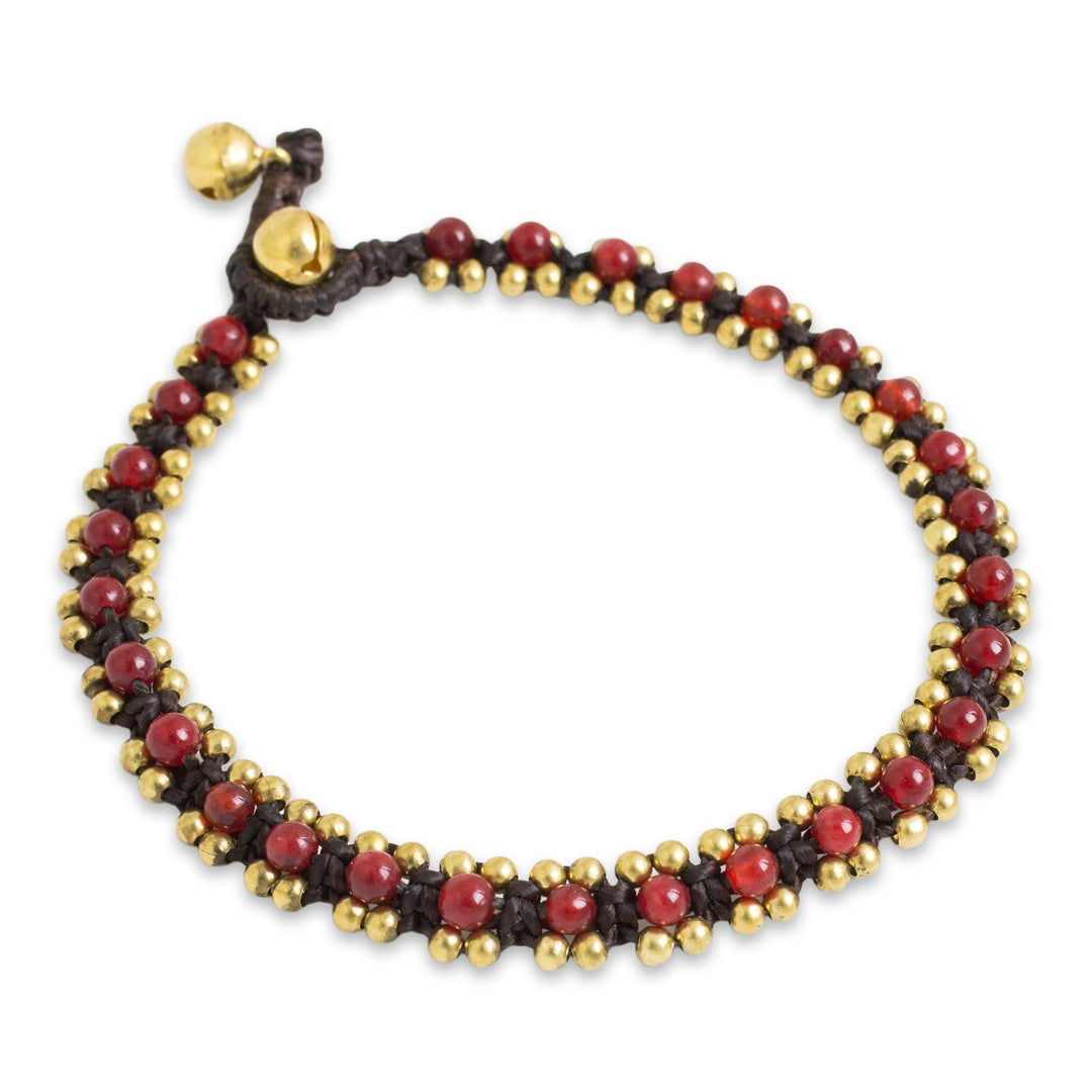 Red Quartz Hand Crocheted Anklet with Brass Beads and Bells - Tinkling Bells