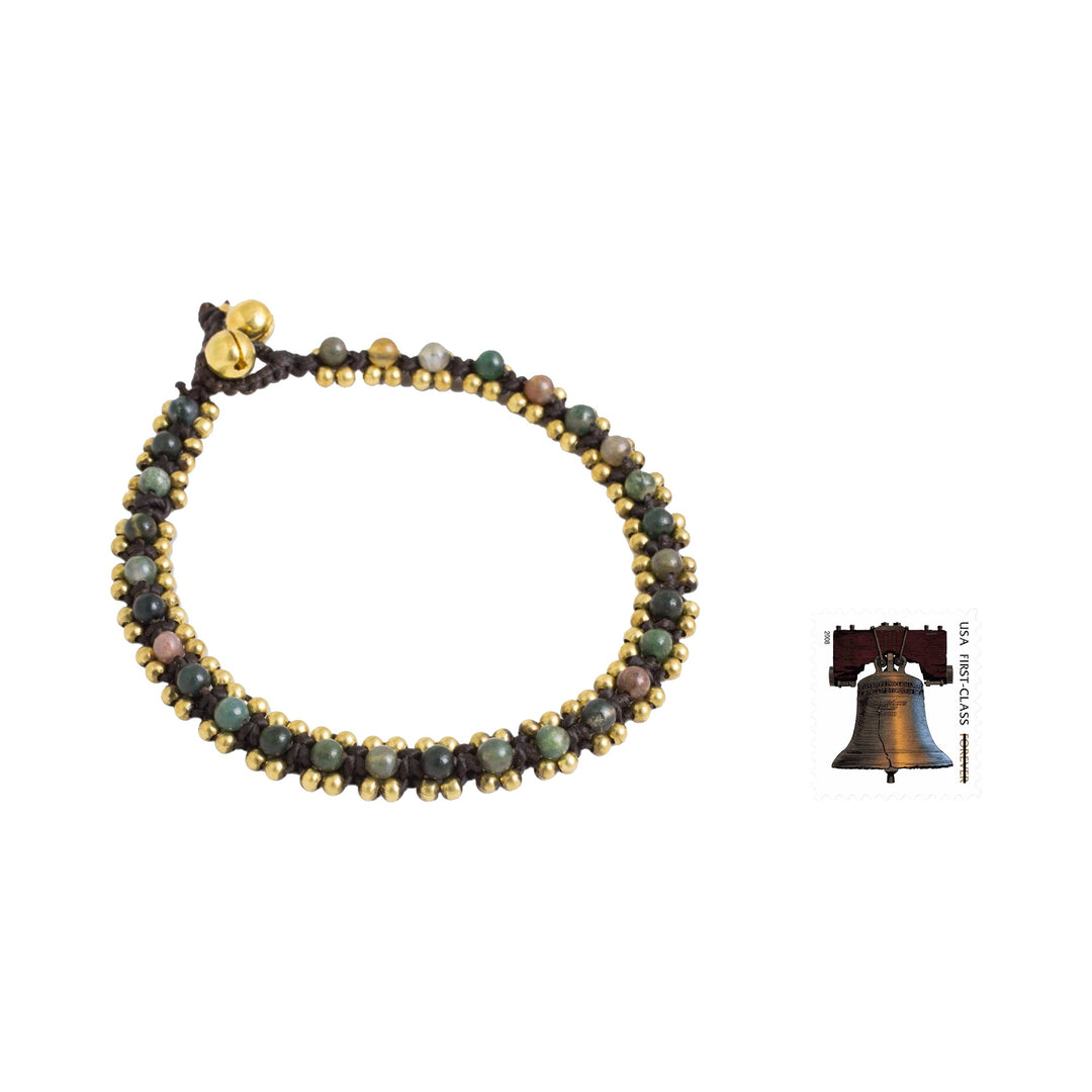Thailand Crocheted Agate Anklet with Brass Beads and Bells - Tinkling Bells