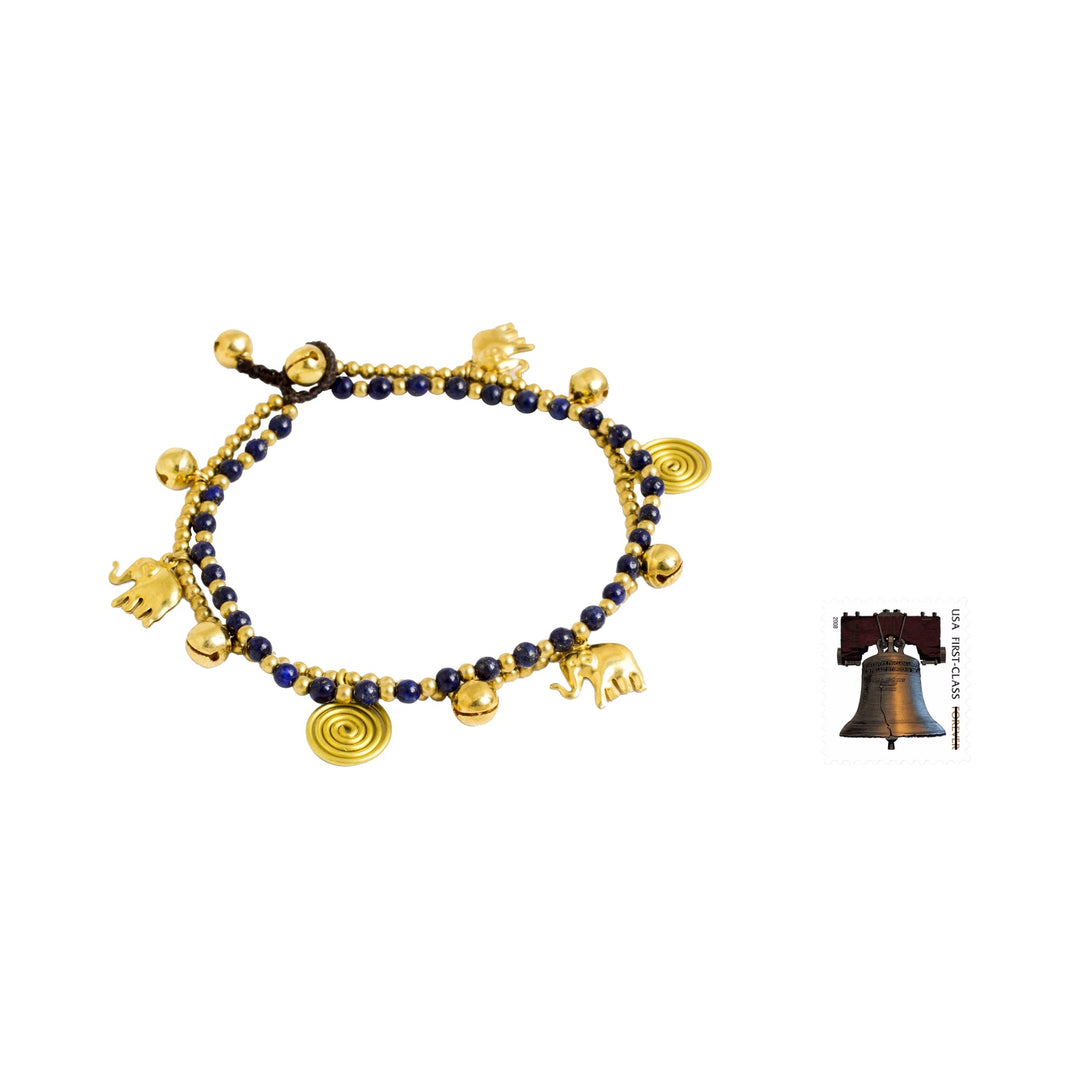 Bell Anklet with Brass Charms and Lapis Lazuli - Elephant Bells