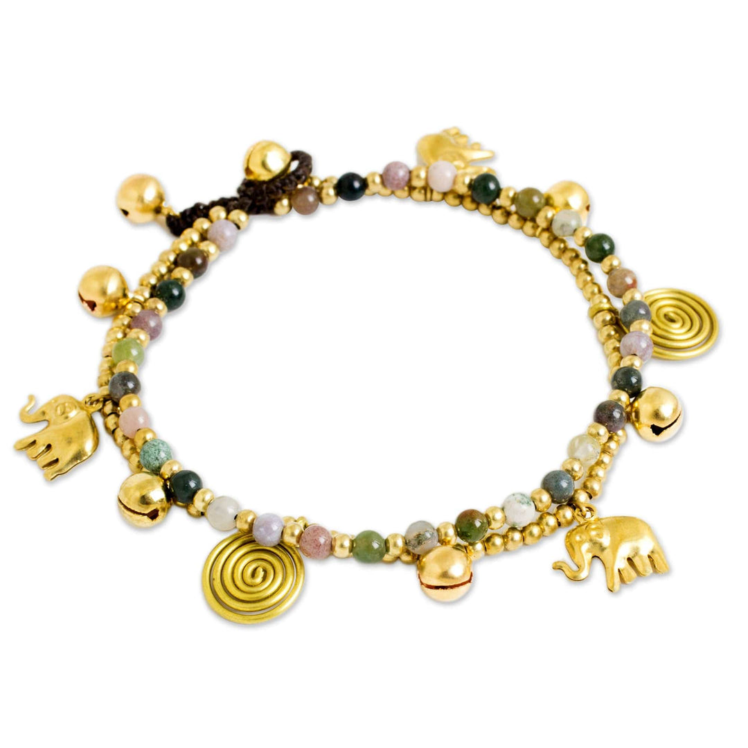 Colorful Thai Agate Bell Anklet with Brass Beads and Charms - Elephant Bells