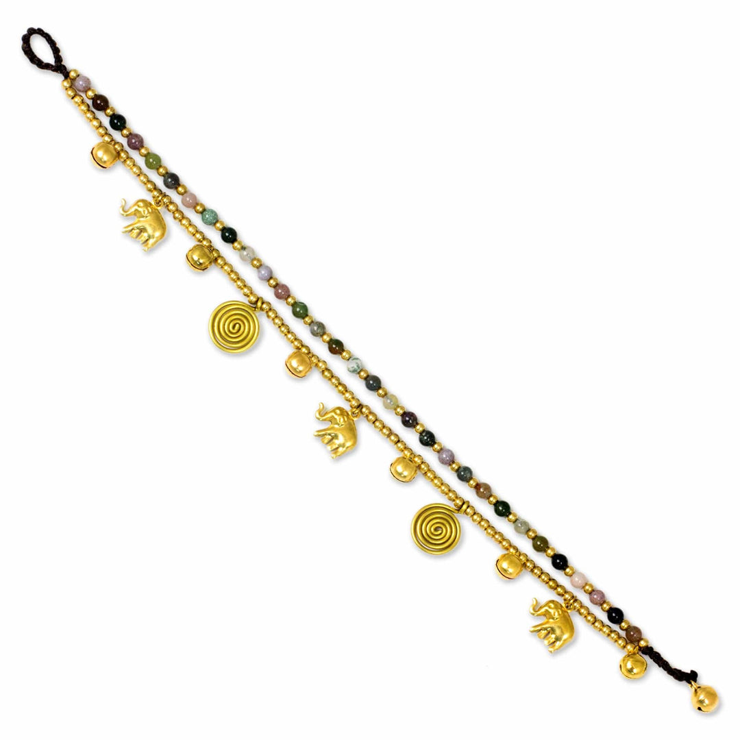 Colorful Thai Agate Bell Anklet with Brass Beads and Charms - Elephant Bells