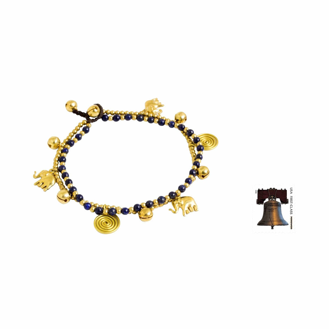 Colorful Thai Agate Bell Anklet with Brass Beads and Charms - Elephant Bells